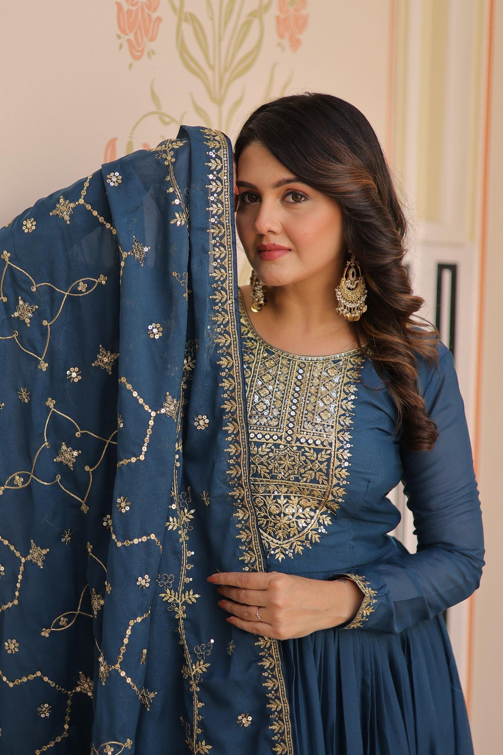 Rama Georgette Embroidered Gown with Zari and Sequins & Dupatta