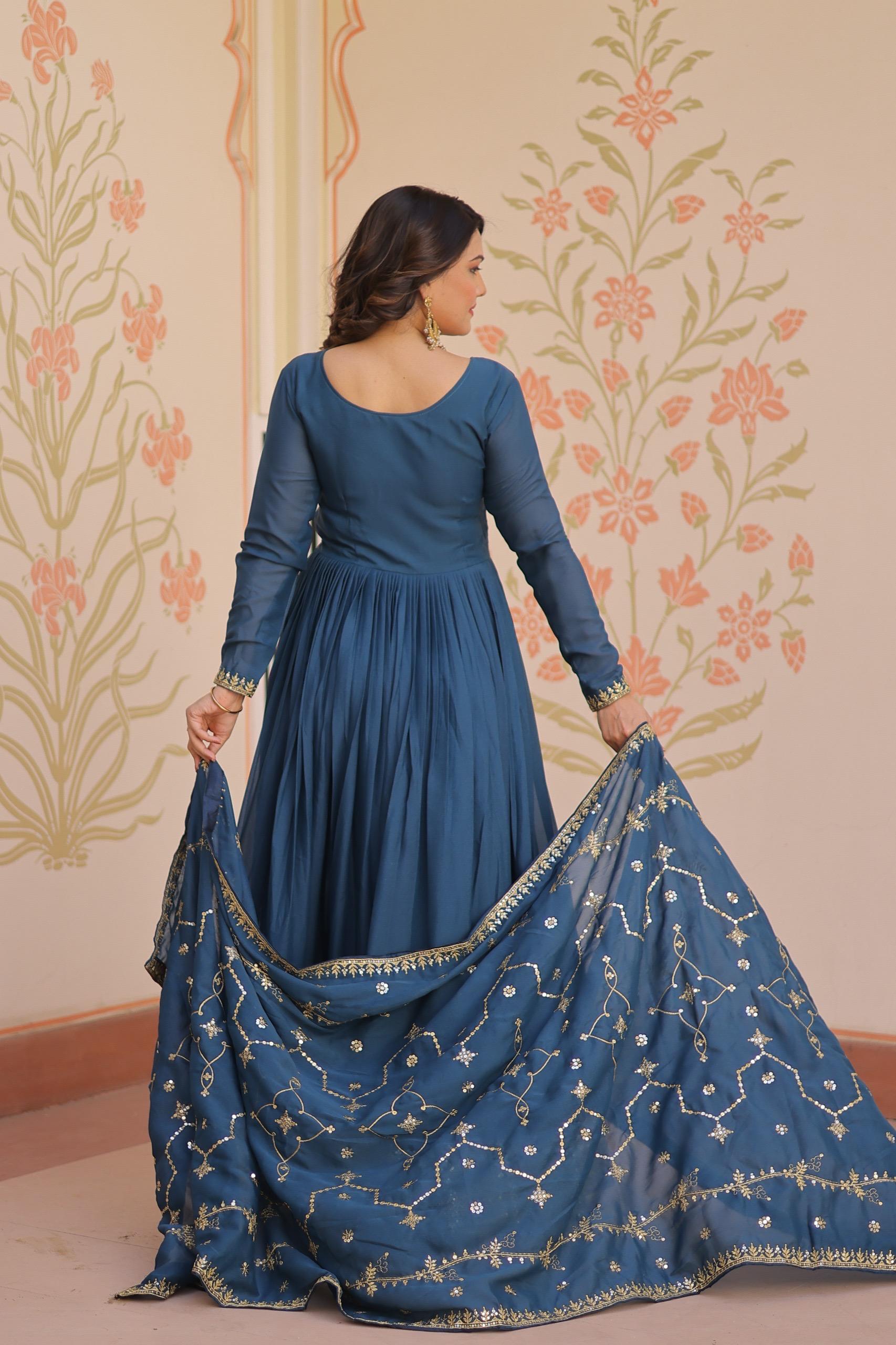 Rama Georgette Embroidered Gown with Zari and Sequins & Dupatta