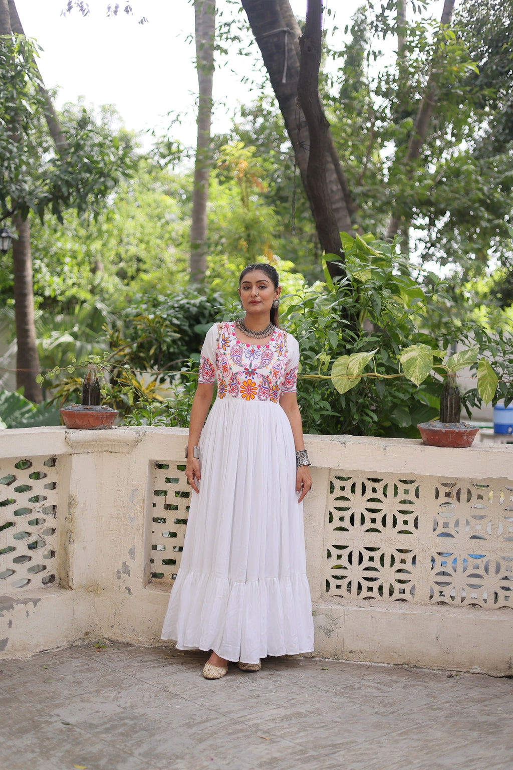Prazu Fashion Off White Rayon With Kutchi Gamthi Embroidered Gown For Navratri