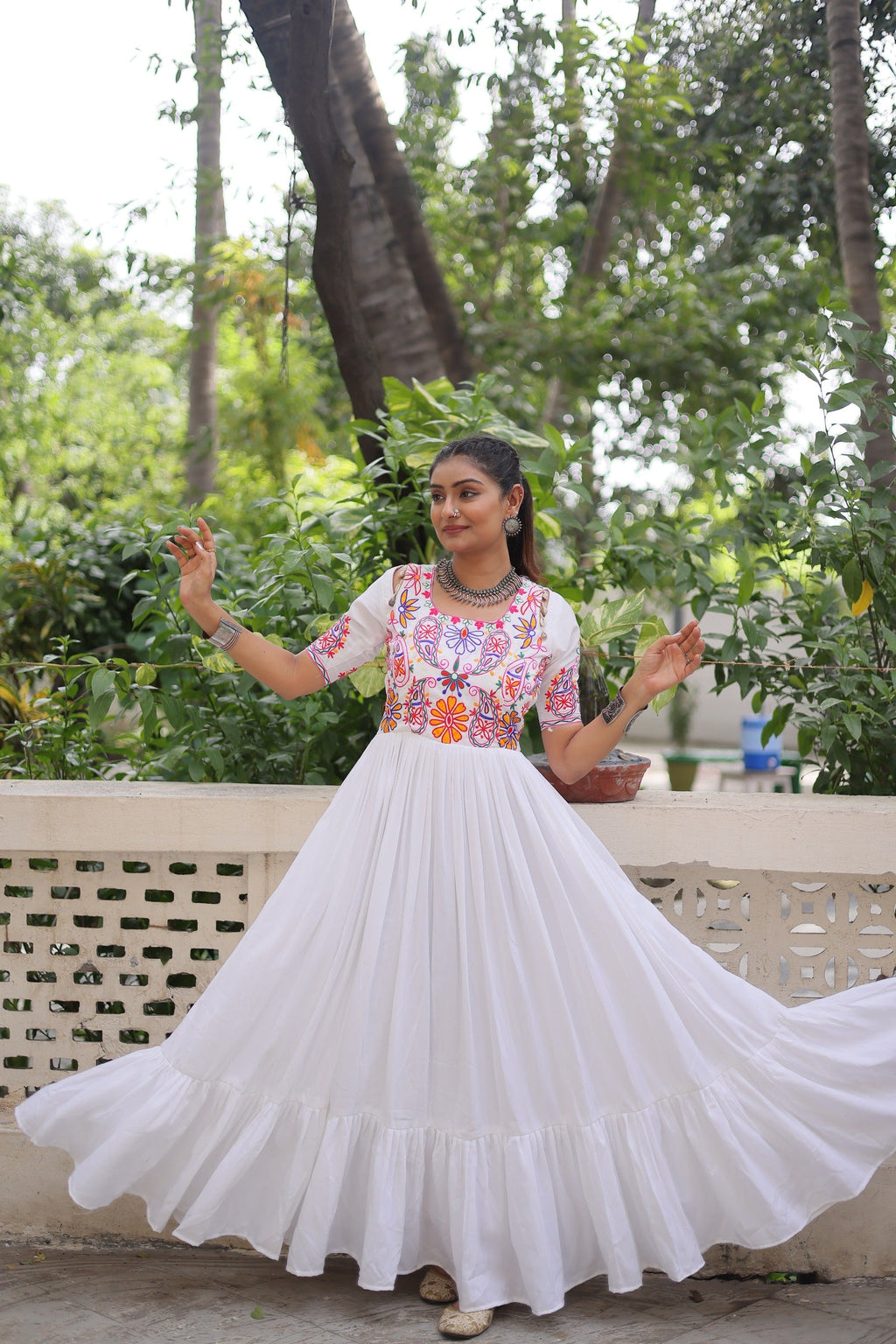 Prazu Fashion Off White Rayon With Kutchi Gamthi Embroidered Gown For Navratri