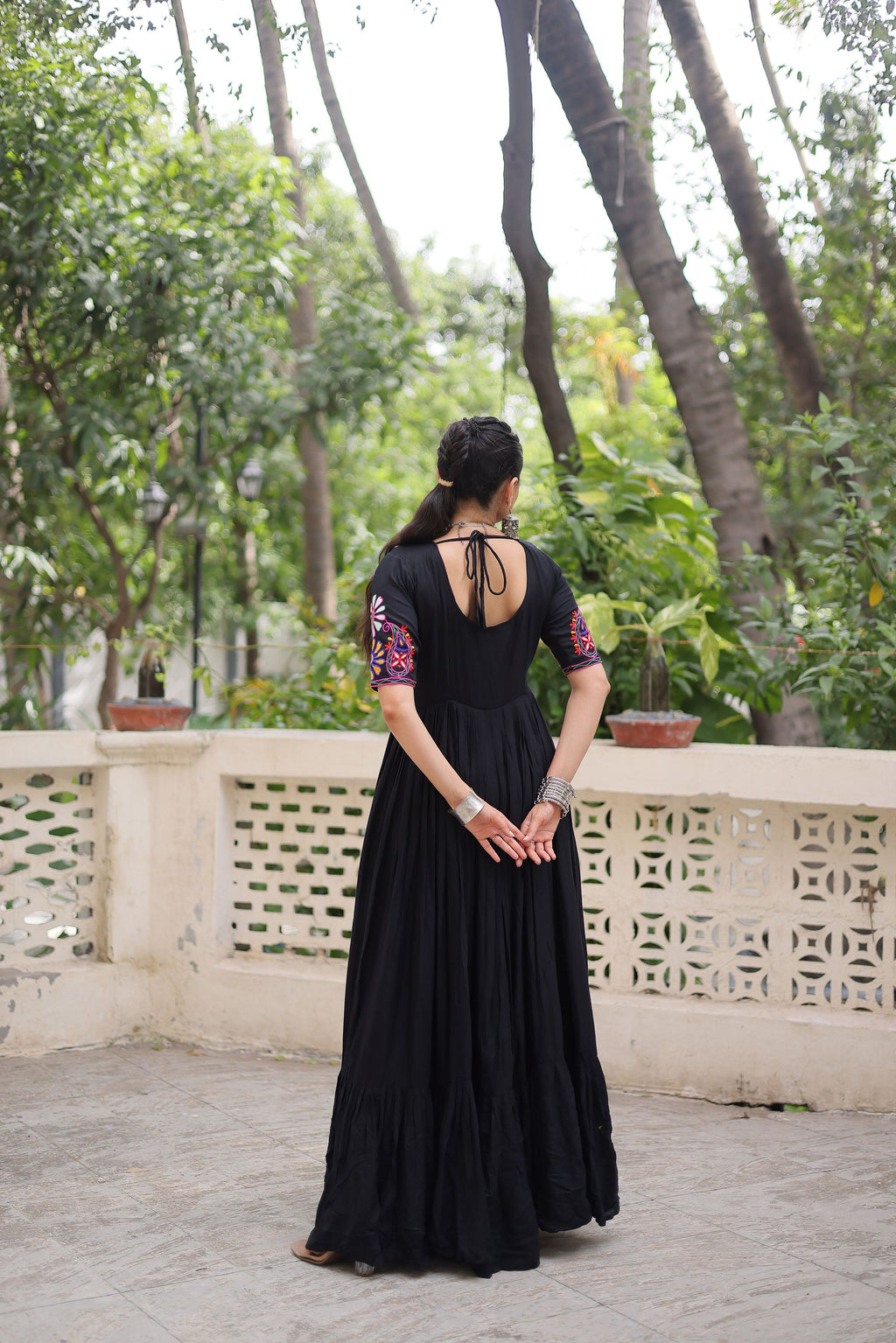Black Rayon Gown with Kutchi Gamthi Embroidered Thread Work