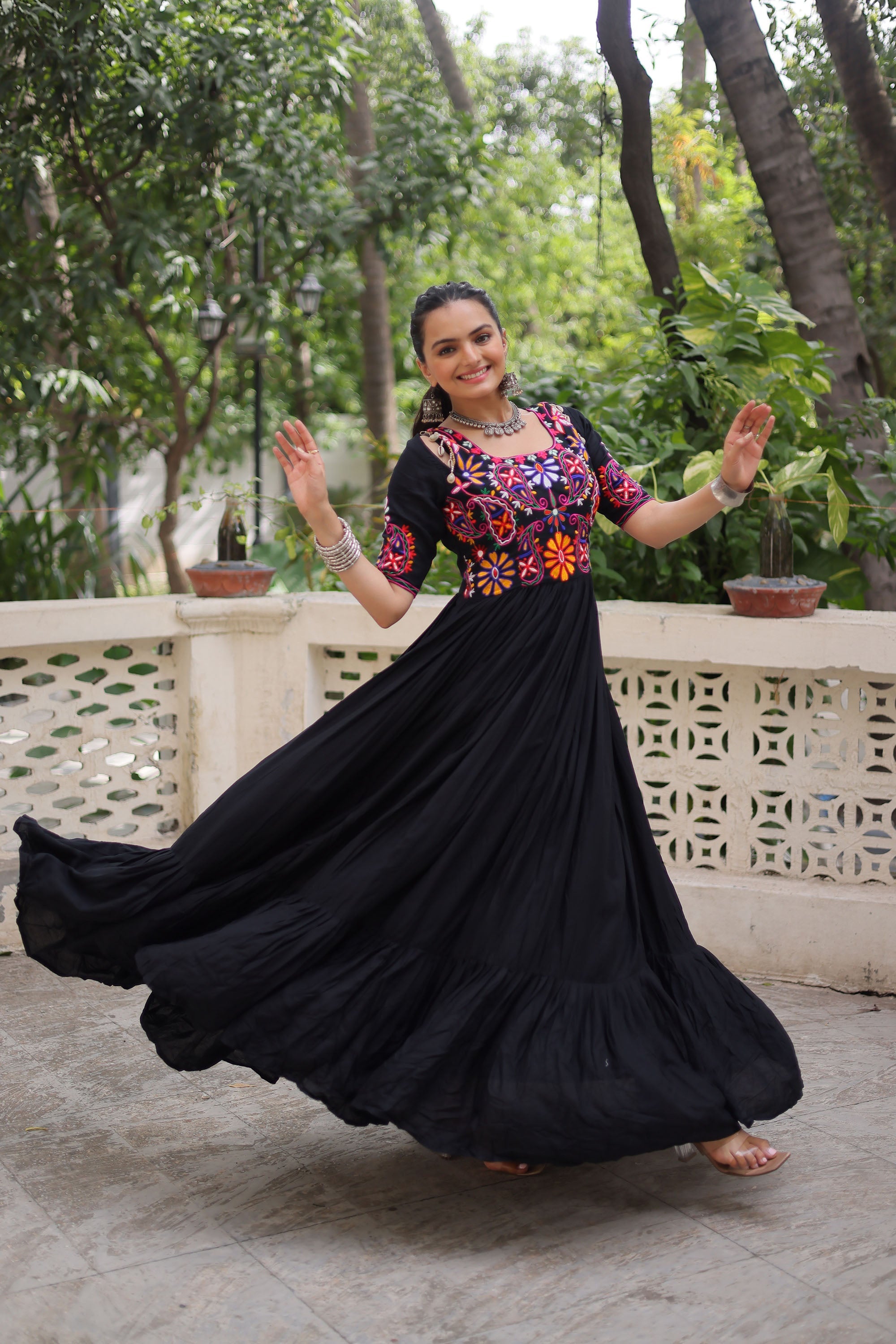 Black Rayon Gown with Kutchi Gamthi Embroidered Thread Work