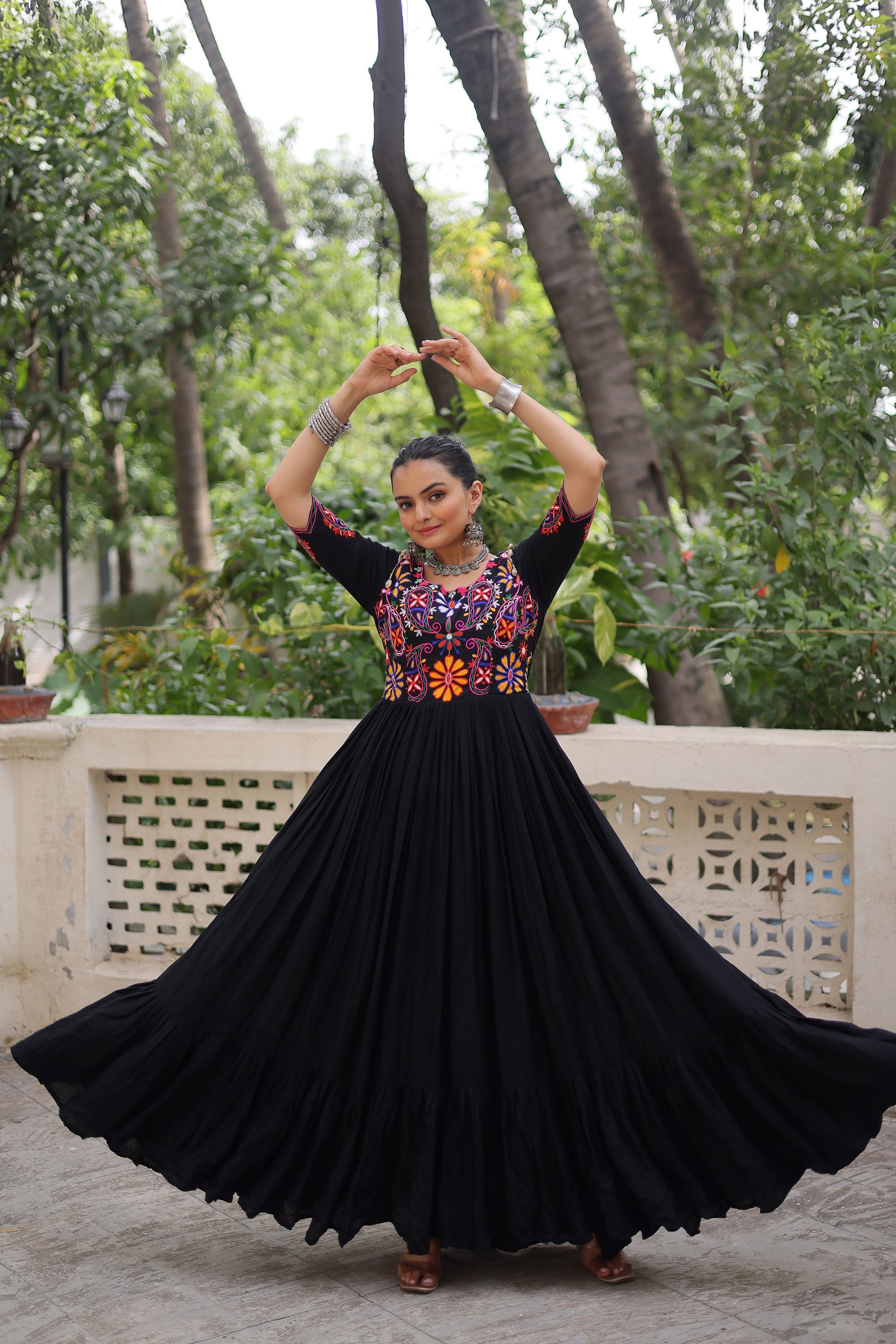 Black Rayon Gown with Kutchi Gamthi Embroidered Thread Work