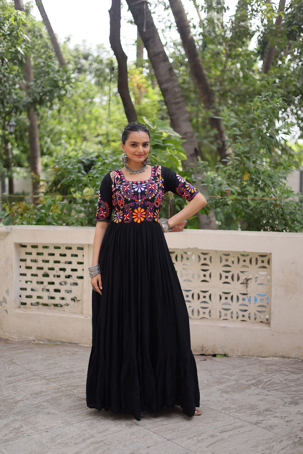 Black Rayon Gown with Kutchi Gamthi Embroidered Thread Work