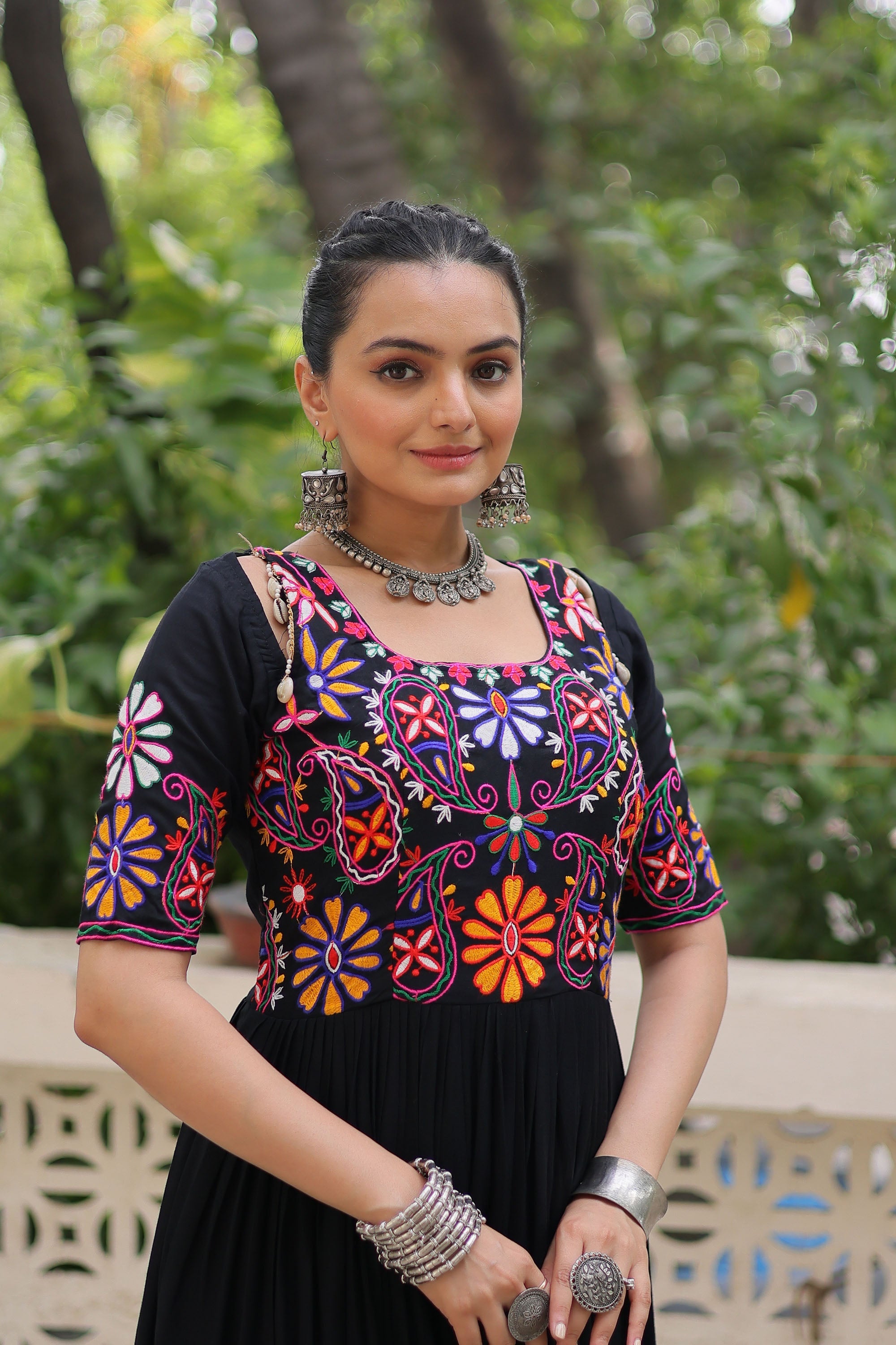 Black Rayon Gown with Kutchi Gamthi Embroidered Thread Work