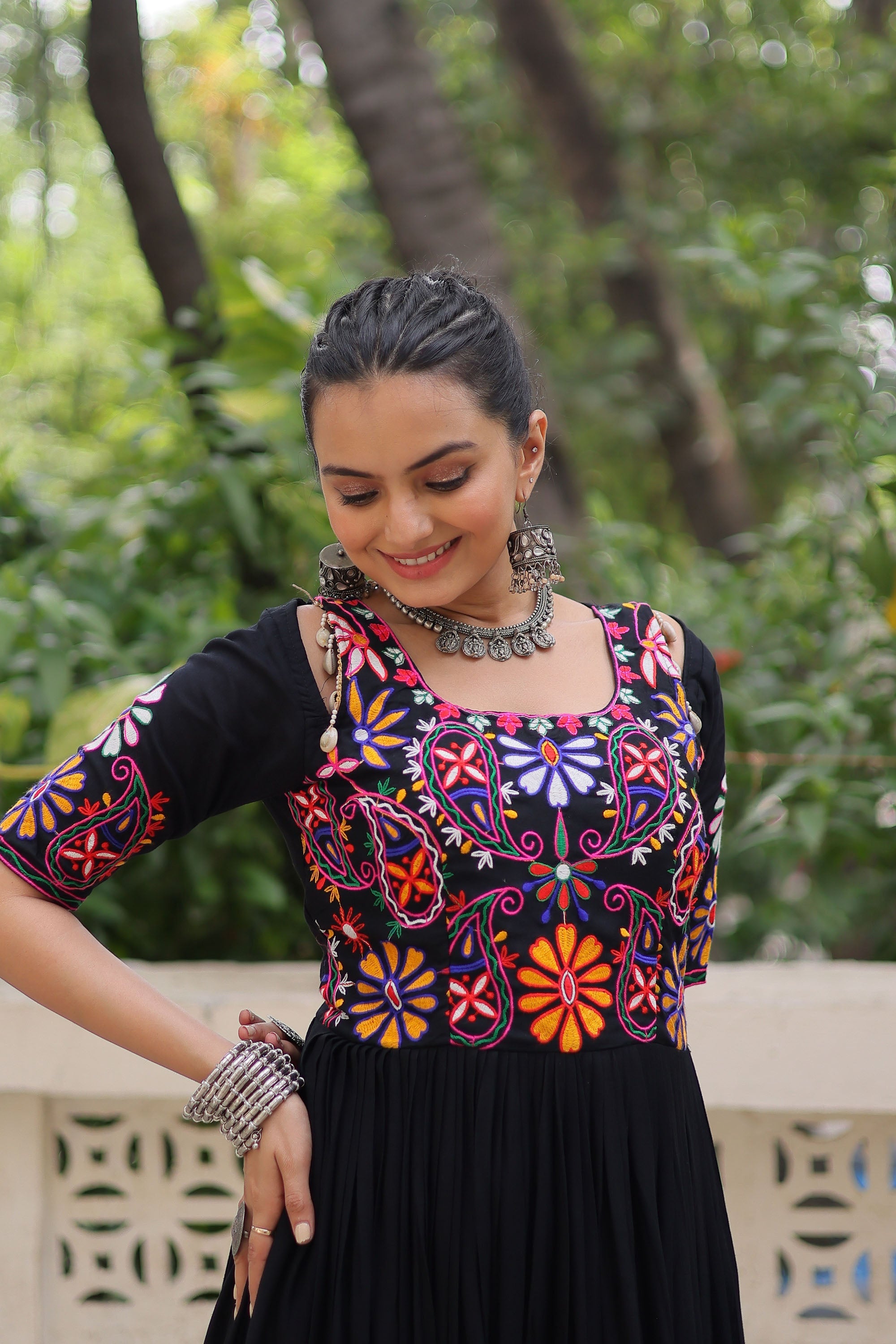Black Rayon Gown with Kutchi Gamthi Embroidered Thread Work