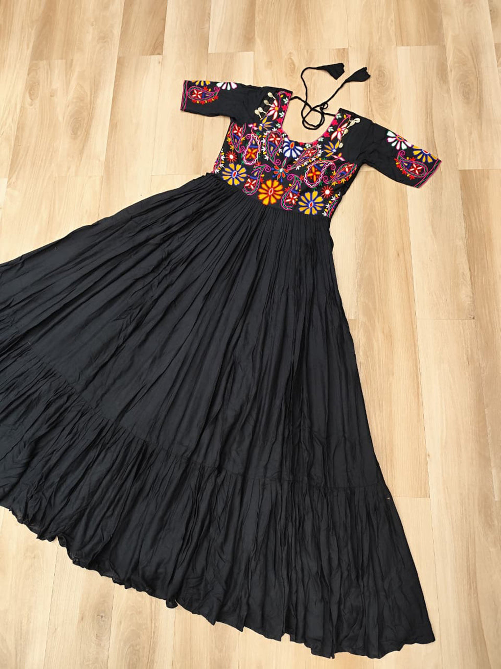 Black Rayon Gown with Kutchi Gamthi Embroidered Thread Work