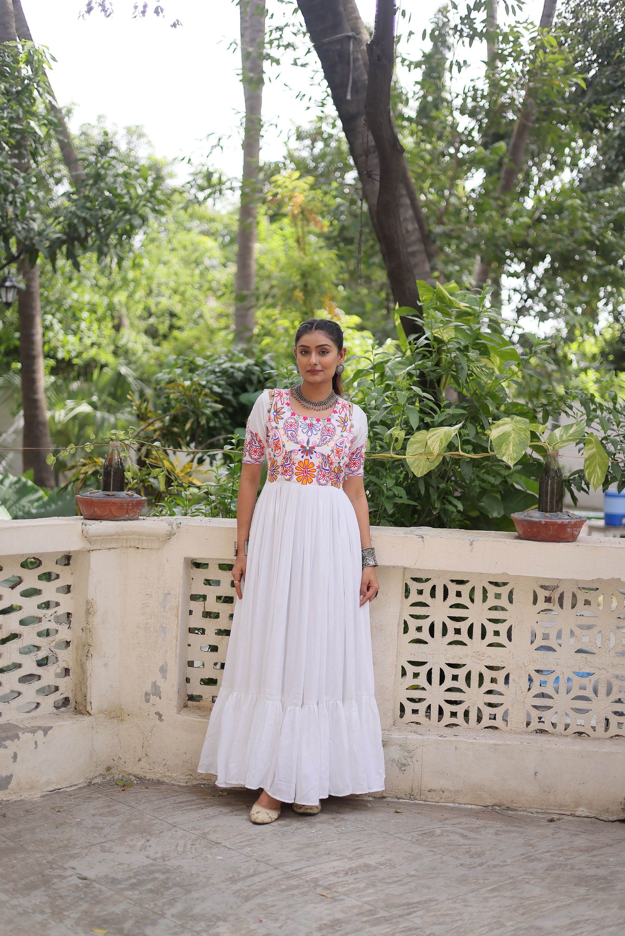 White Rayon Gown with Kutchi Gamthi Embroidered Thread Work