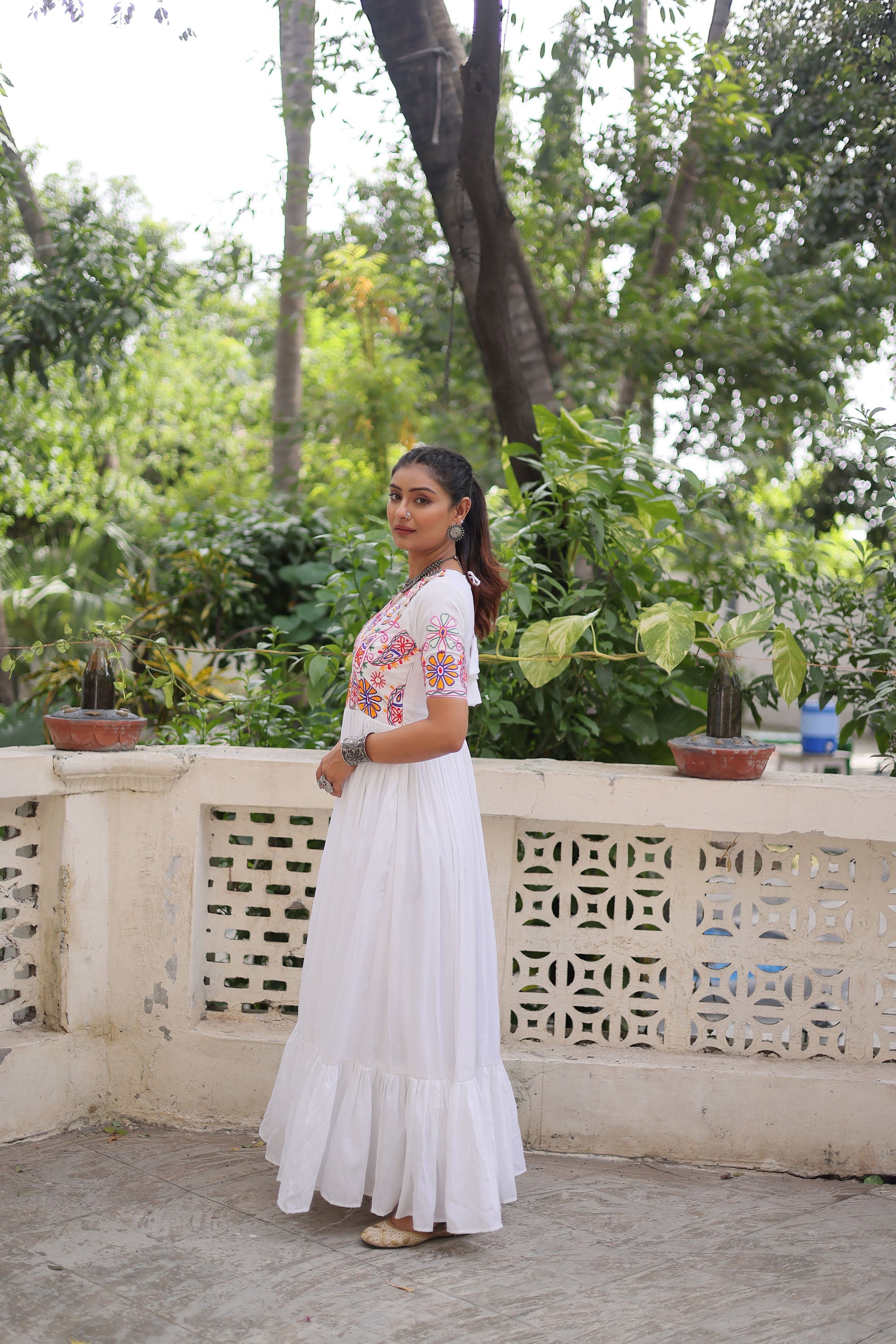 White Rayon Gown with Kutchi Gamthi Embroidered Thread Work