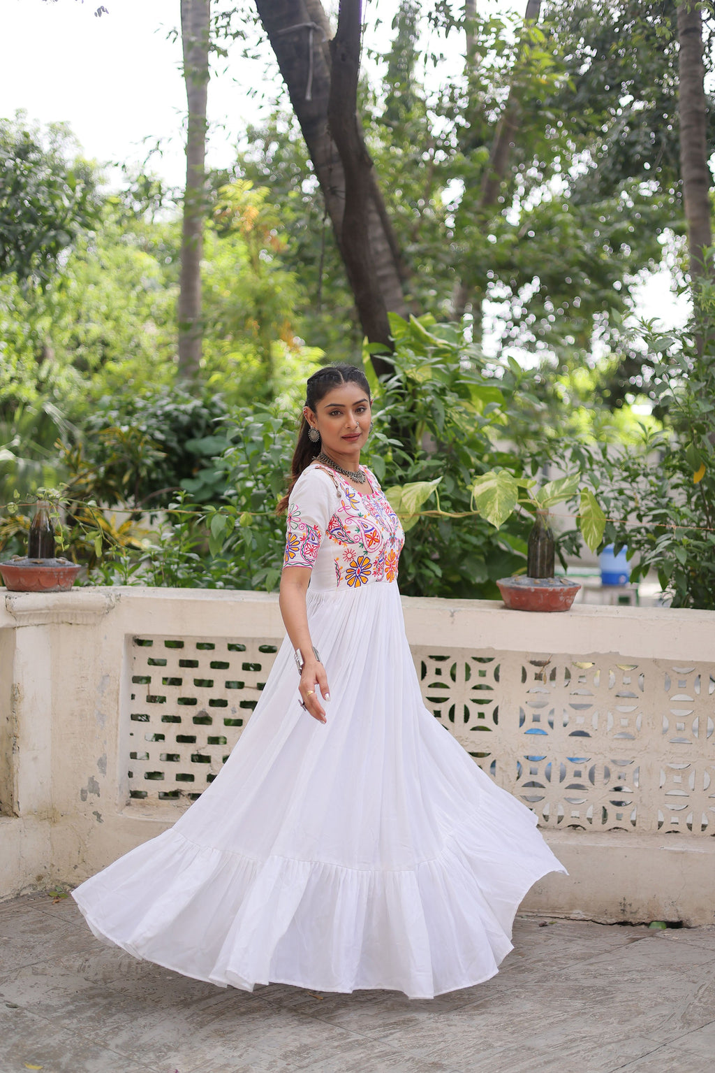 White Rayon Gown with Kutchi Gamthi Embroidered Thread Work