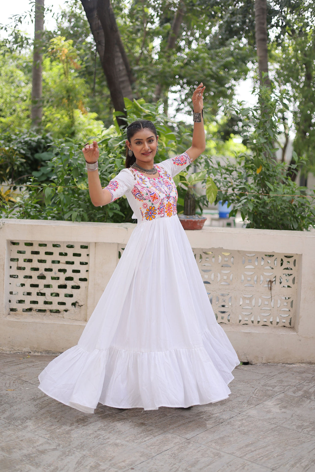 White Rayon Gown with Kutchi Gamthi Embroidered Thread Work