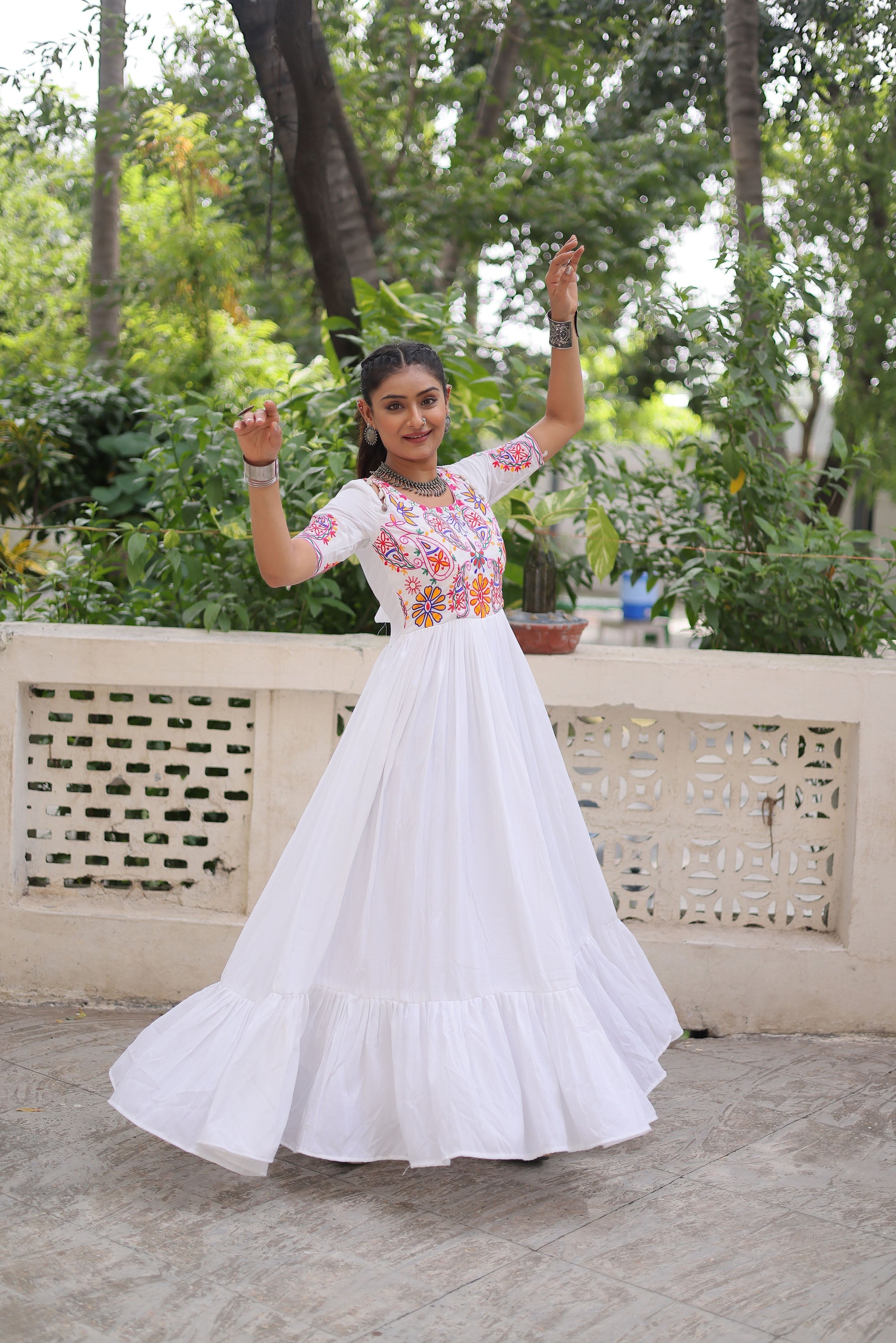 White Rayon Gown with Kutchi Gamthi Embroidered Thread Work