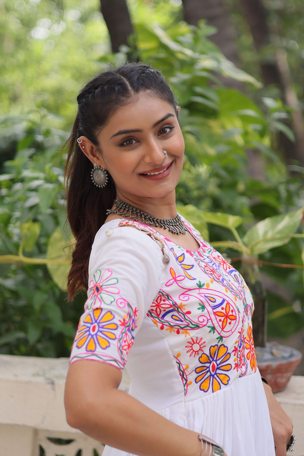 White Rayon Gown with Kutchi Gamthi Embroidered Thread Work