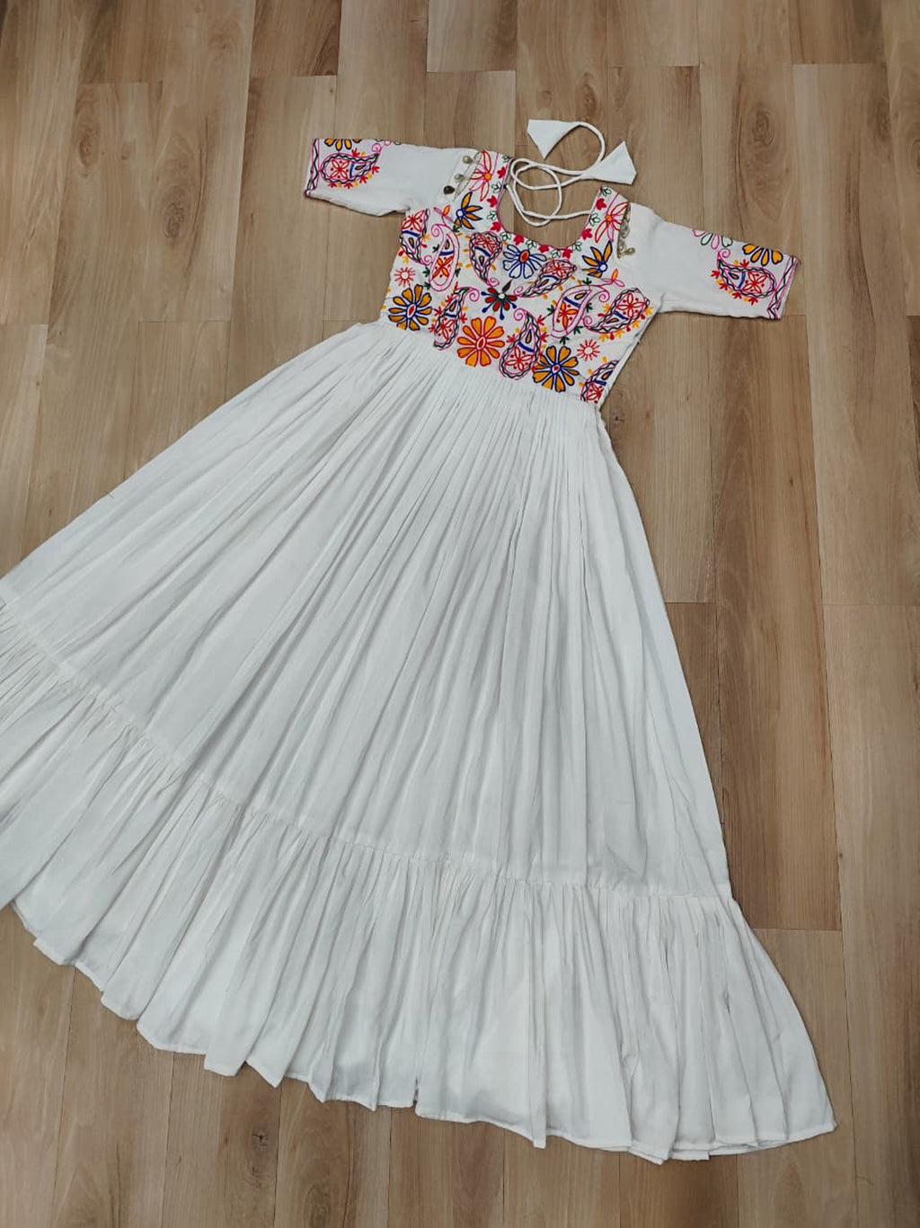 White Rayon Gown with Kutchi Gamthi Embroidered Thread Work