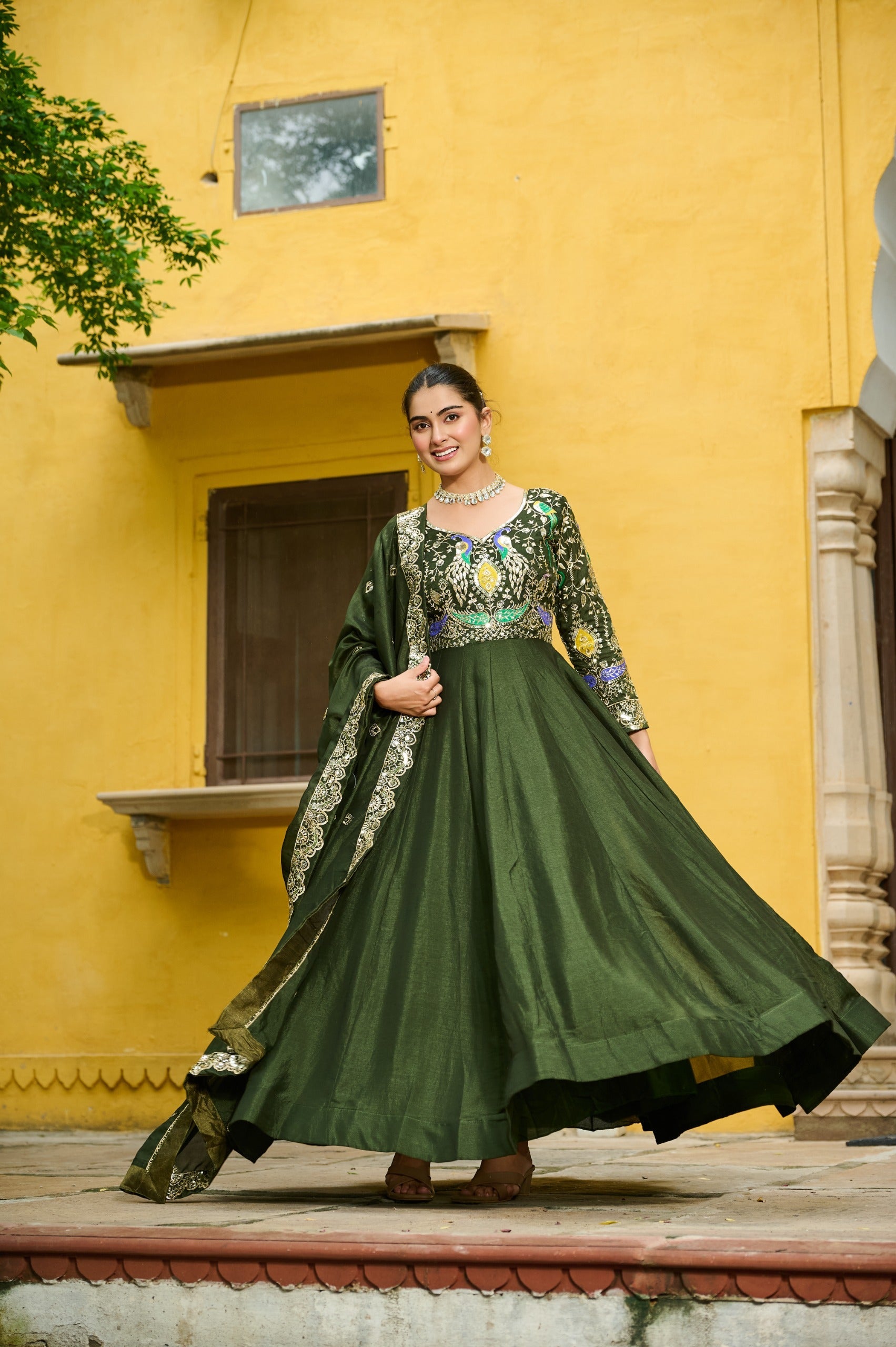 Mehendi Vichitra Silk Embroidered Gown with Dupatta and Full Flair