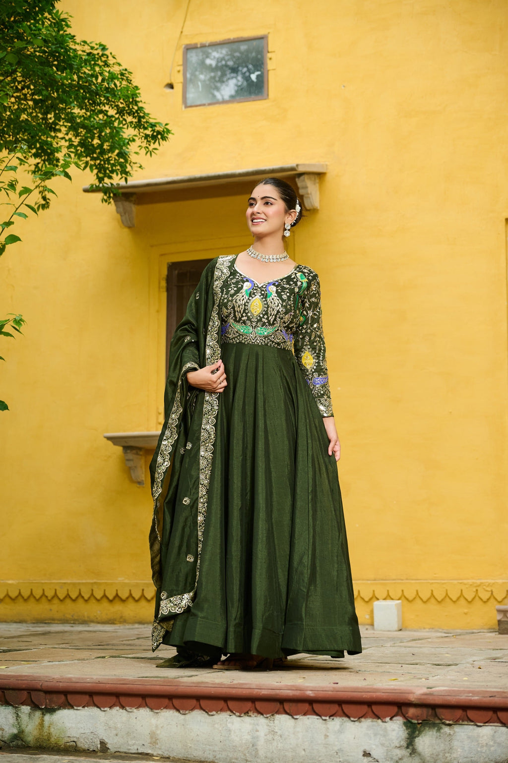 Mehendi Vichitra Silk Embroidered Gown with Dupatta and Full Flair