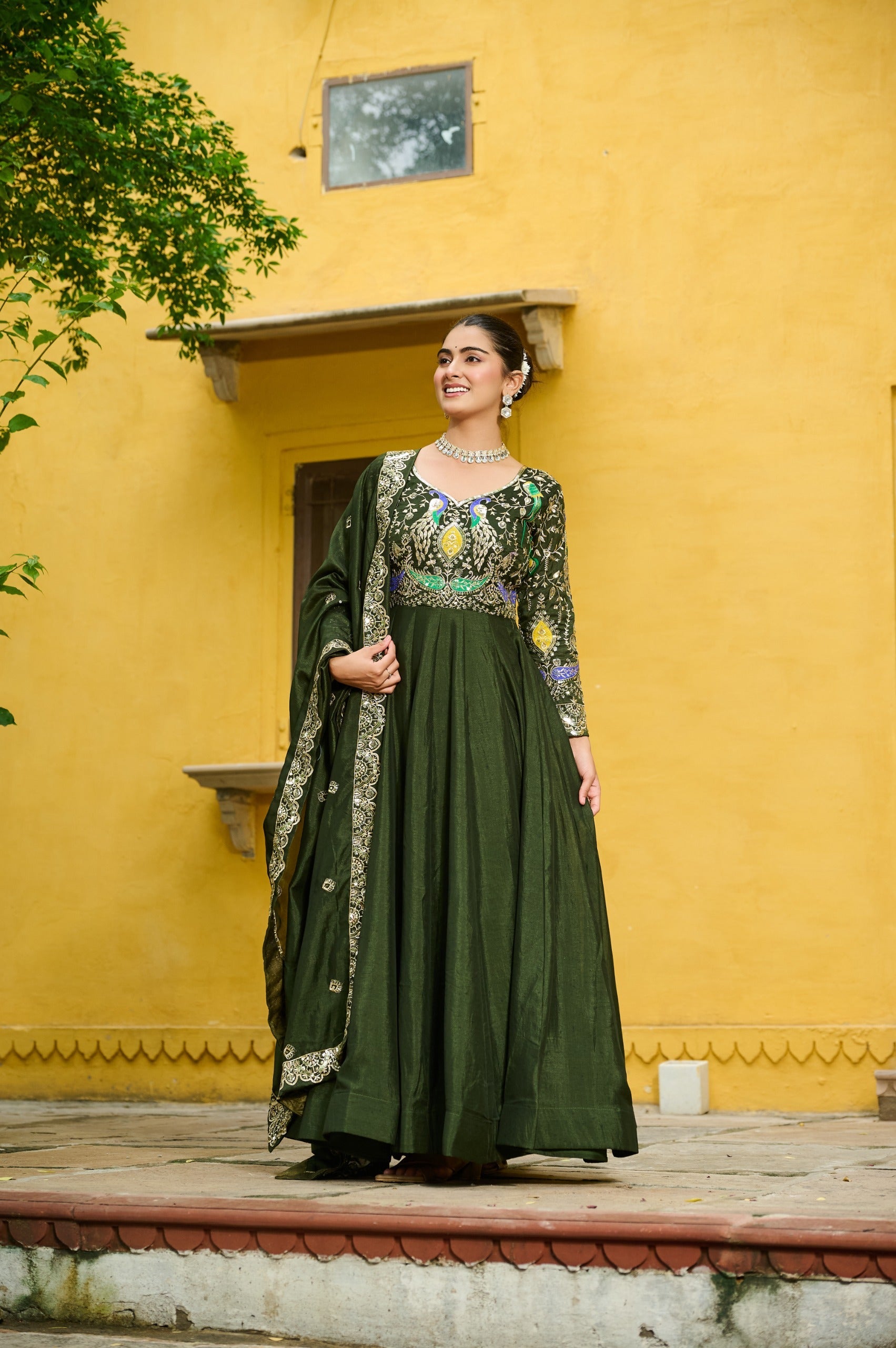 Mehendi Vichitra Silk Embroidered Gown with Dupatta and Full Flair