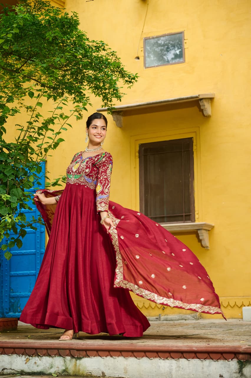Prazu Fashion Maroon Vichitra Silk Multi Thread & Embroidered Work Gown With Dupatta