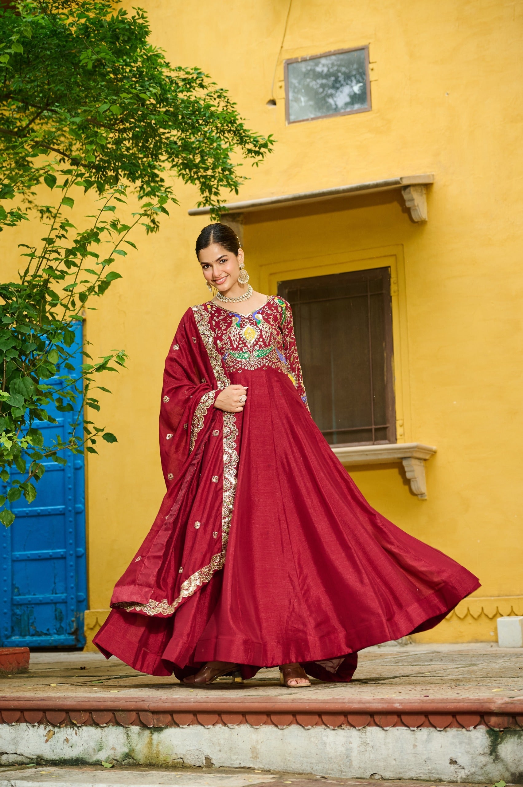 Prazu Fashion Maroon Vichitra Silk Multi Thread & Embroidered Work Gown With Dupatta