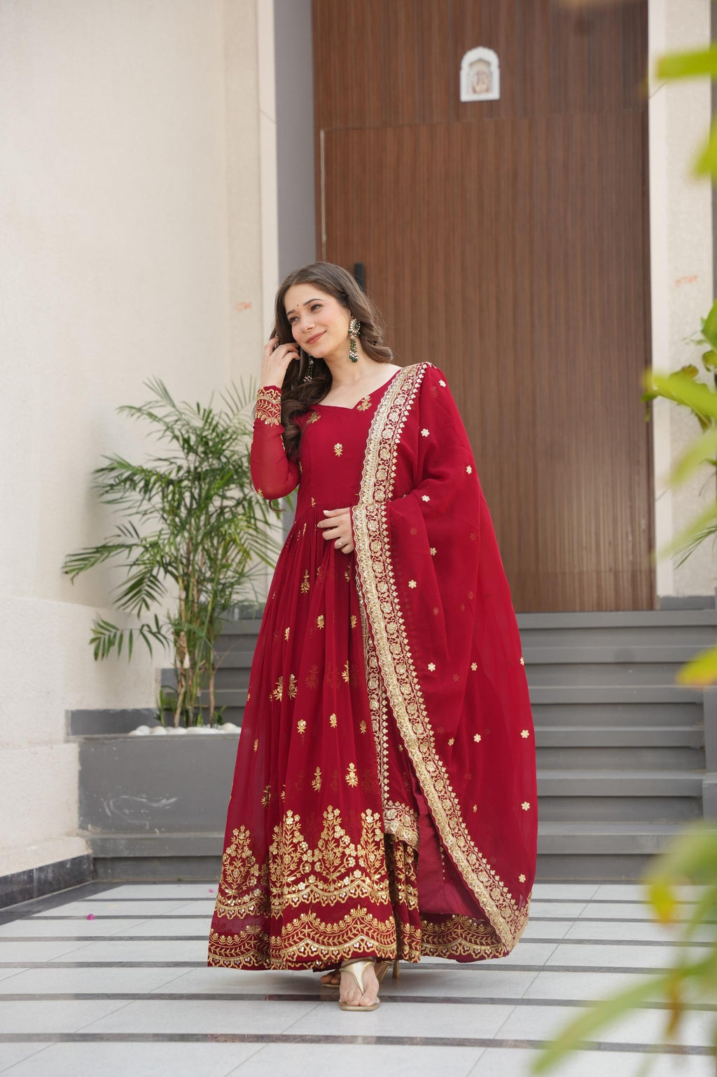 Maroon Georgette Zari and Sequins Embroidered Gown with Dupatta