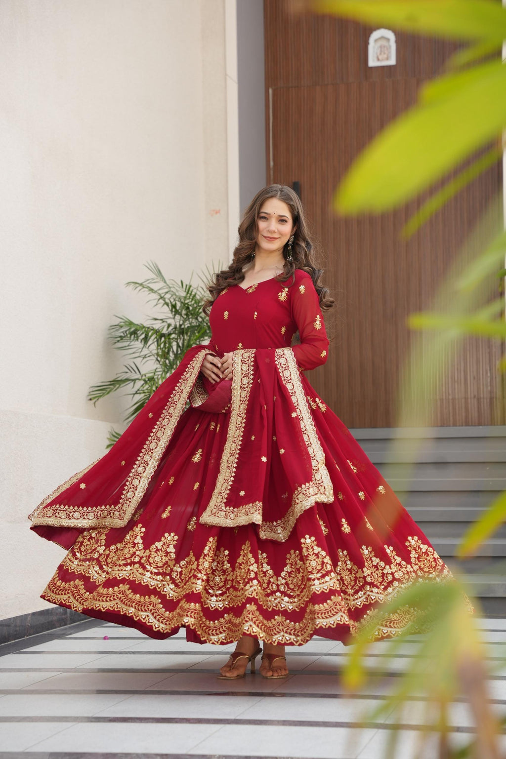 Maroon Georgette Zari and Sequins Embroidered Gown with Dupatta