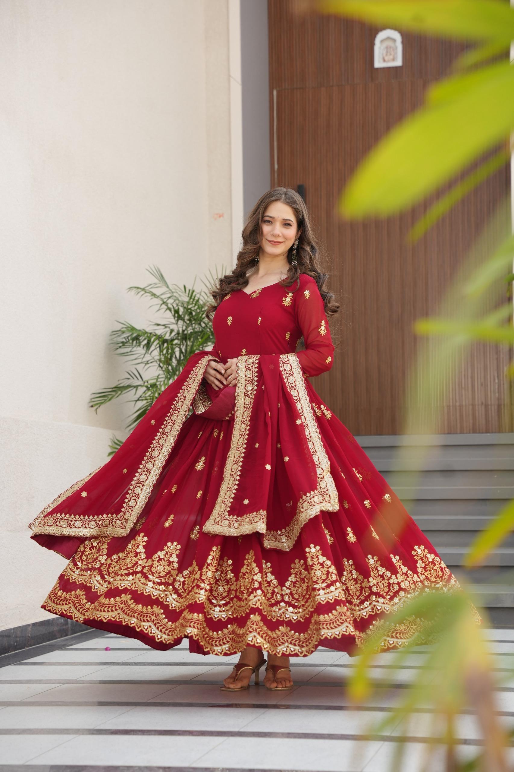 Maroon Georgette Zari and Sequins Embroidered Gown with Dupatta