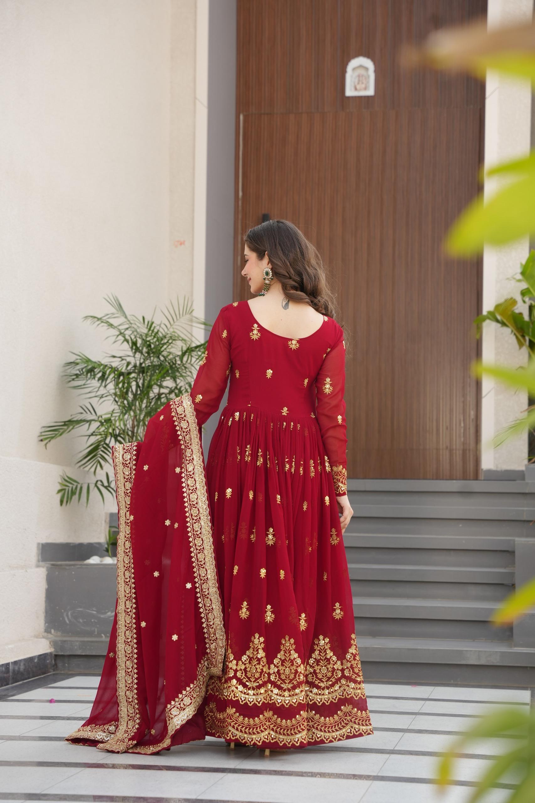 Maroon Georgette Zari and Sequins Embroidered Gown with Dupatta