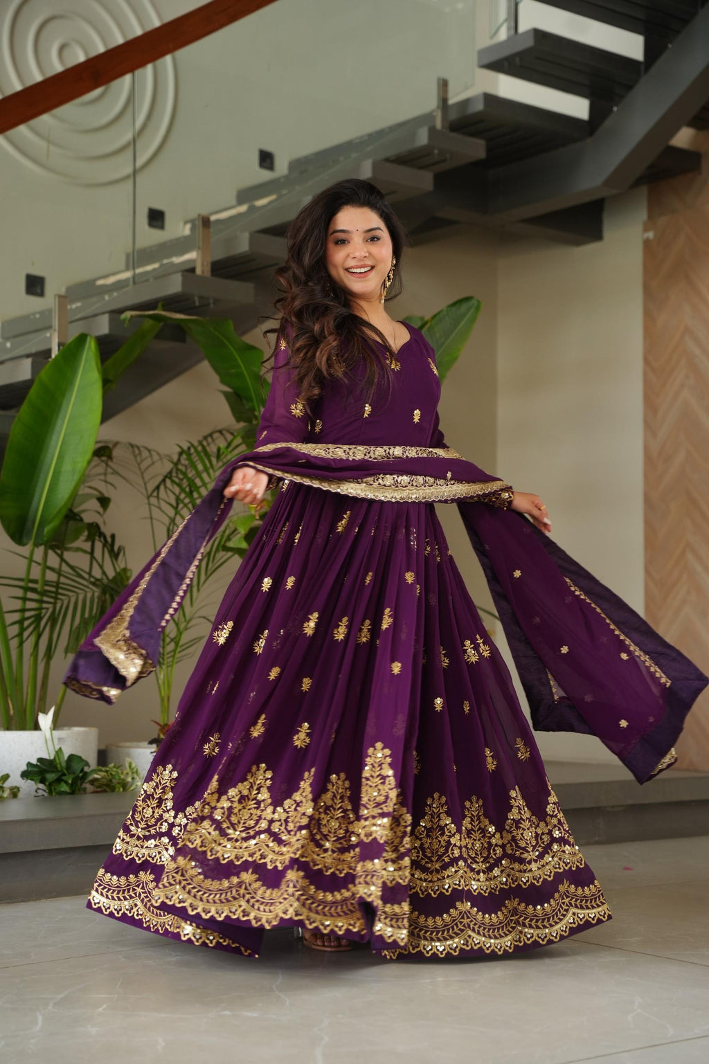 Prazu Fashion Purple Georgette With Rich Zari & Sequins Embroidered Gown With Dupatta.