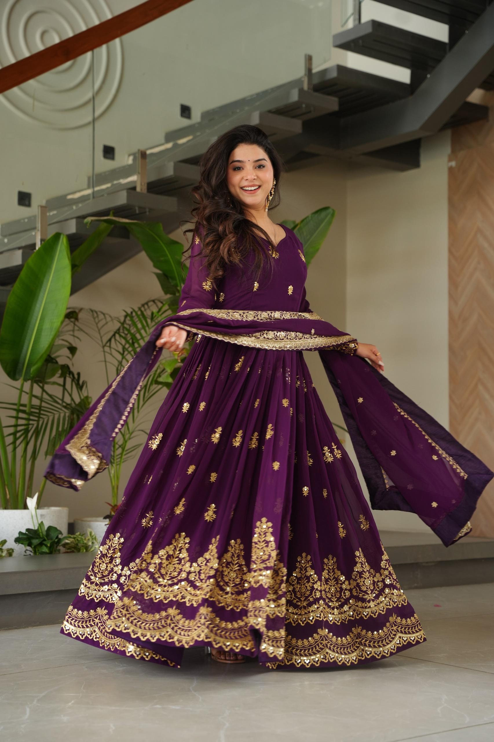 Prazu Fashion Purple Georgette With Rich Zari & Sequins Embroidered Gown With Dupatta.
