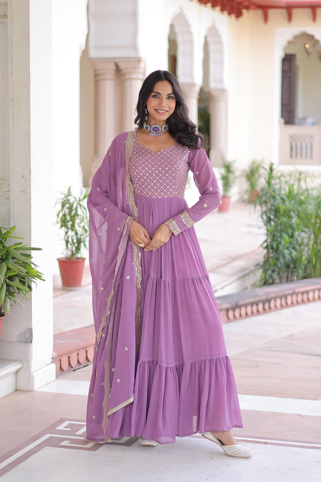 Onion Pink Faux Georgette Sequins and Zari Embroidered Gown