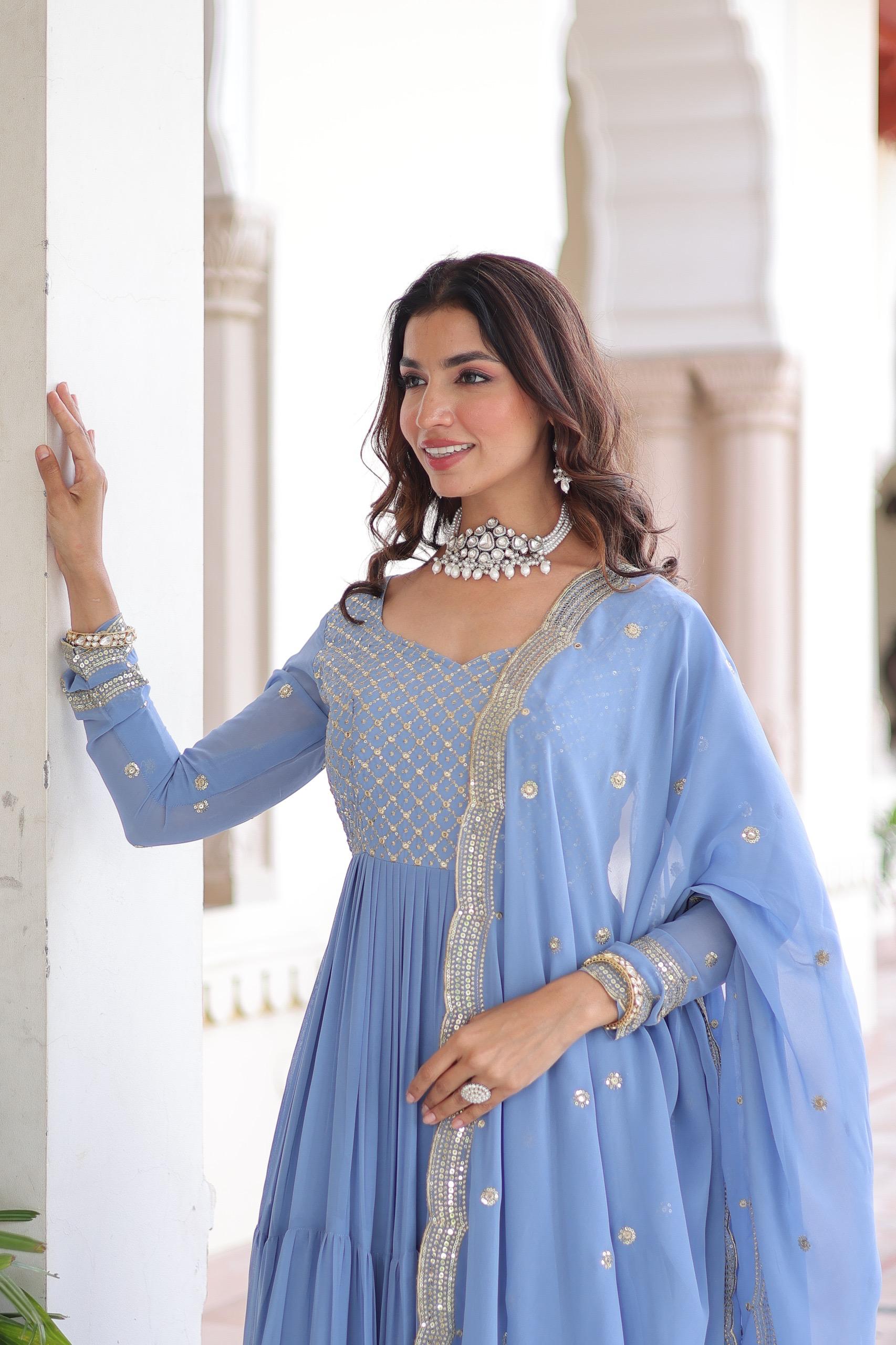 Sky Blue Faux Georgette Gown with Sequins and Zari Embroidery