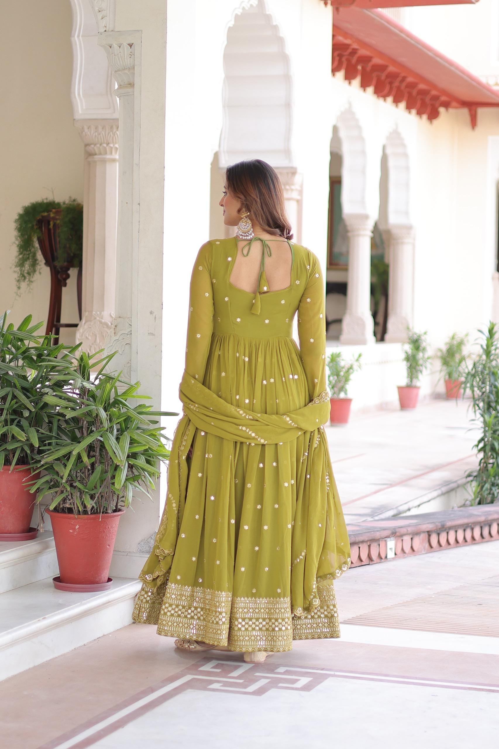 Mahendi Green Georgette Sequins and Zari Embroidered Gown