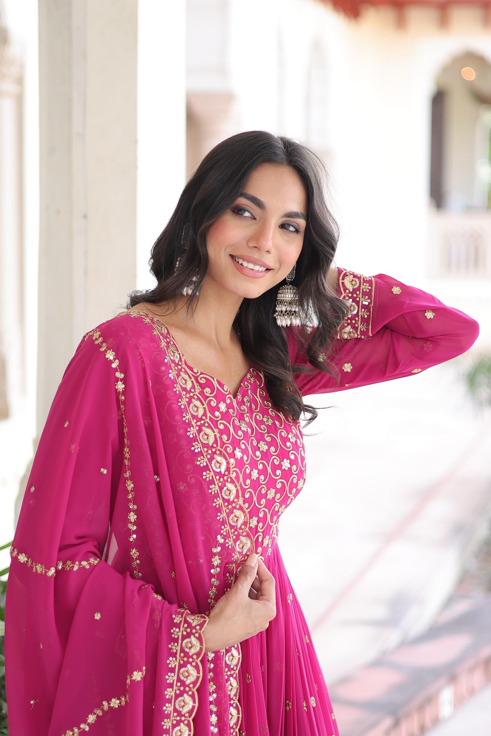 Rani Pink Georgette Gown with Sequins and Zari Embroidery