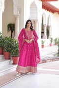 Rani Pink georgette gown featuring detailed sequins and Zari embroidery with dupatta