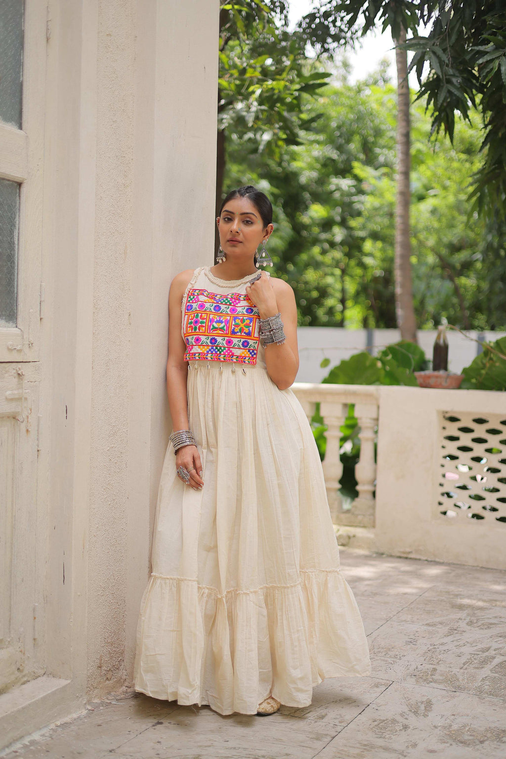 Off White Kora Cotton Embroidered Gown with 8 Meter Flair