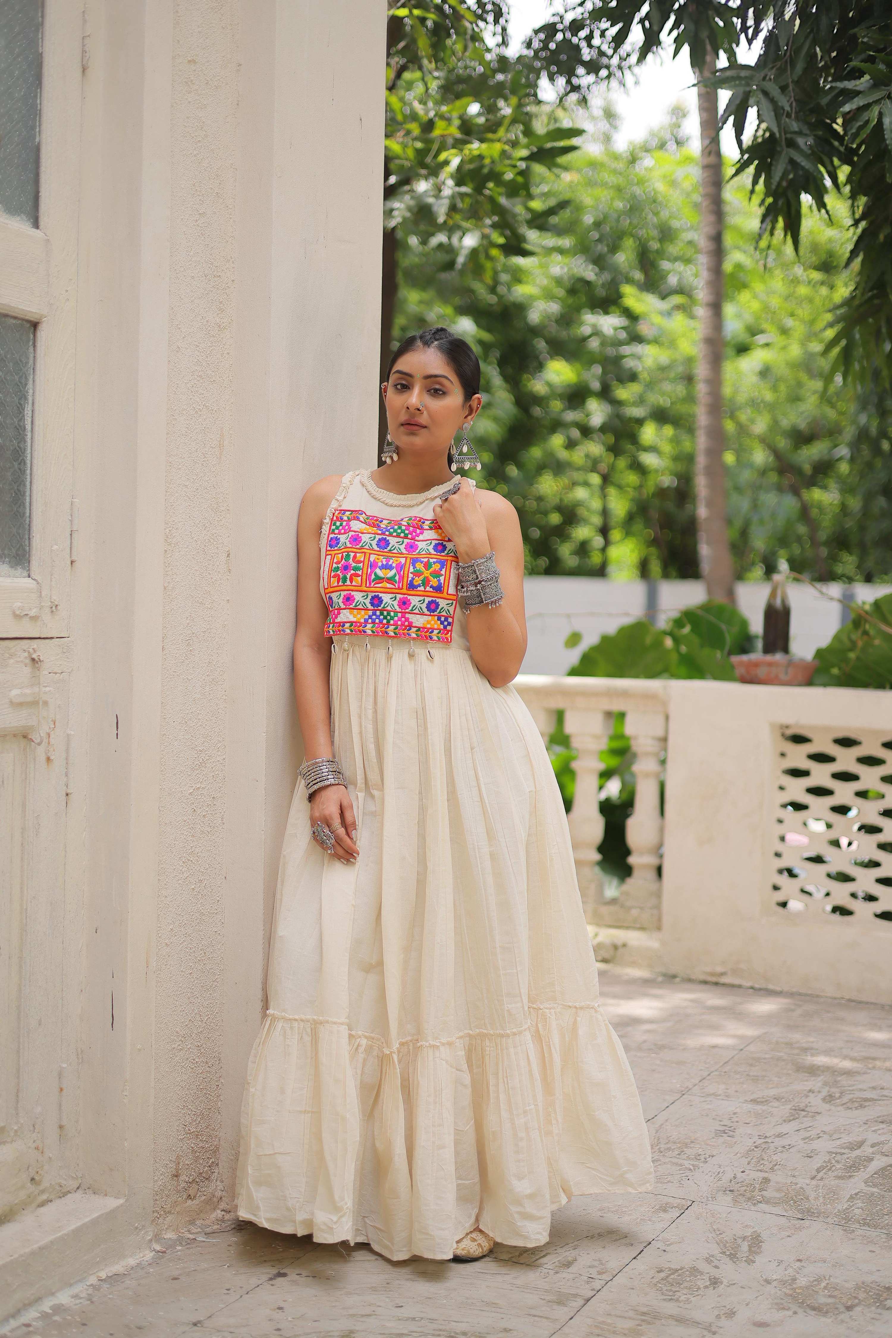 Off White Kora Cotton Embroidered Gown with 8 Meter Flair