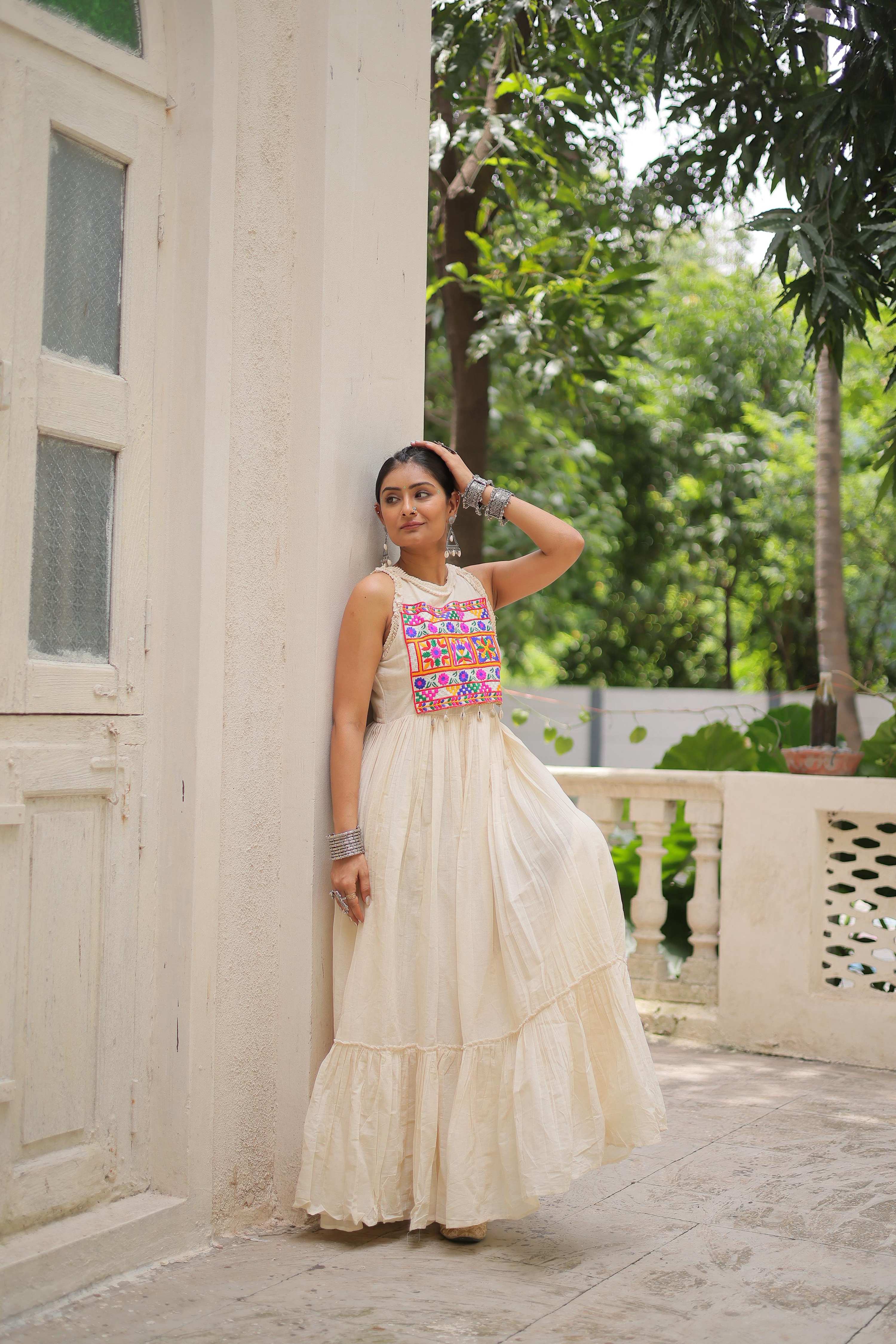 Off White Kora Cotton Embroidered Gown with 8 Meter Flair