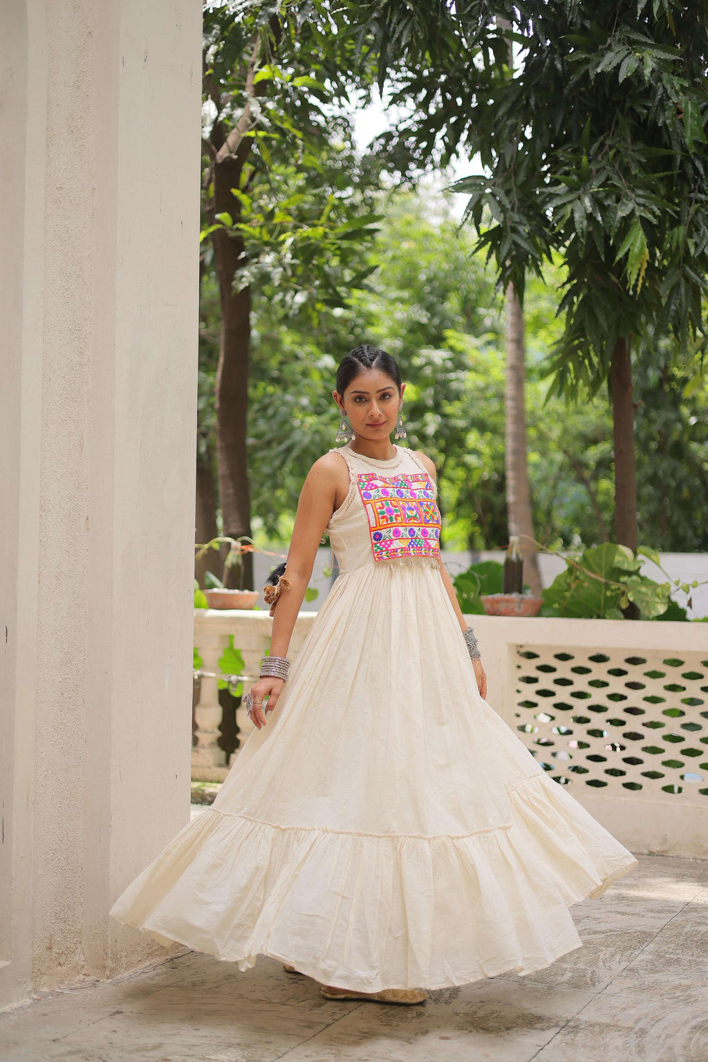 Off White Kora Cotton Embroidered Gown with 8 Meter Flair