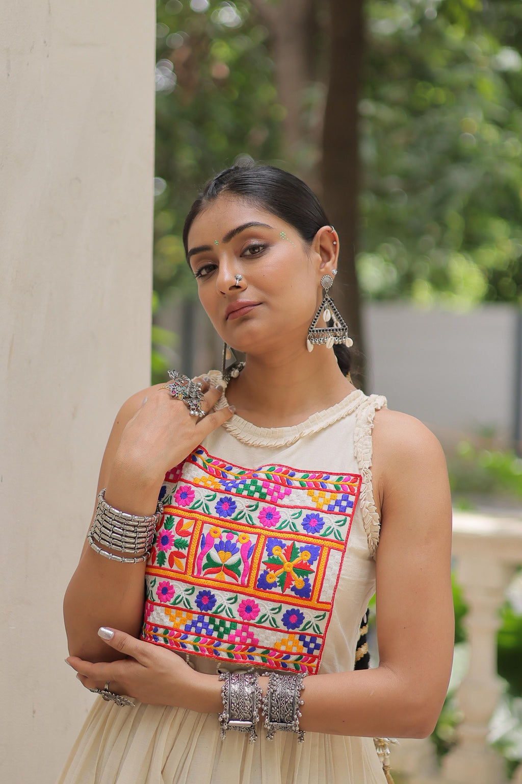 Off White Kora Cotton Embroidered Gown with 8 Meter Flair