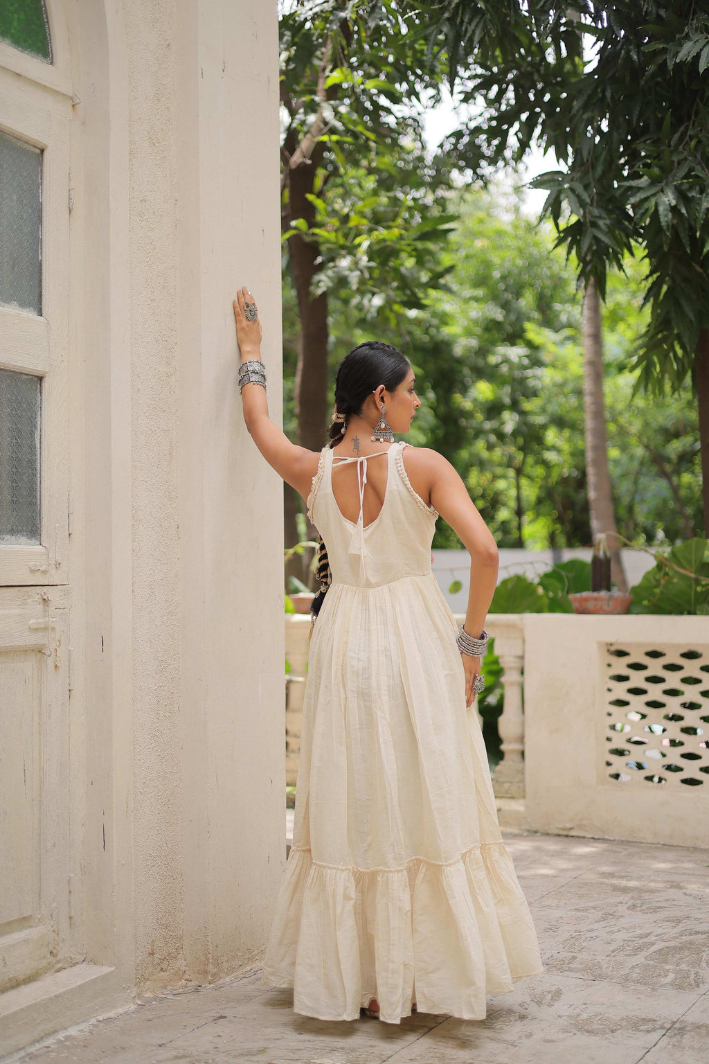 Off White Kora Cotton Embroidered Gown with 8 Meter Flair