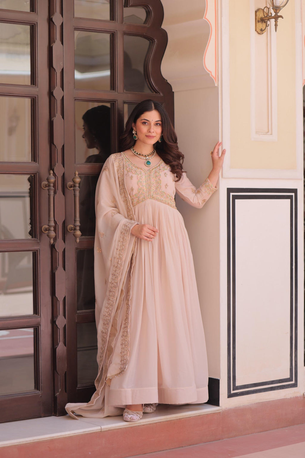 Cream Georgette Gown with Beads and Sequins Embroidery