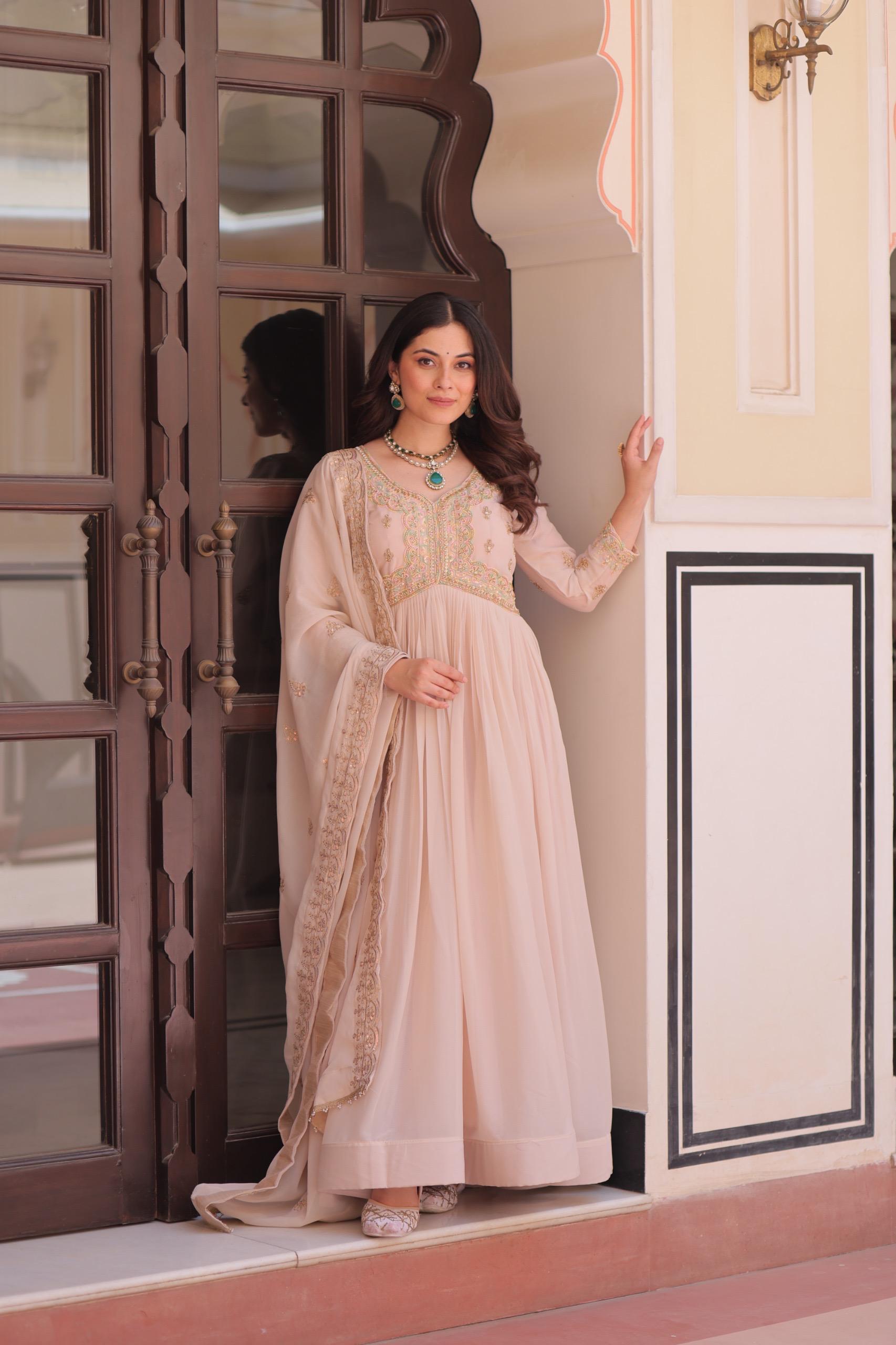 Cream Georgette Gown with Beads and Sequins Embroidery
