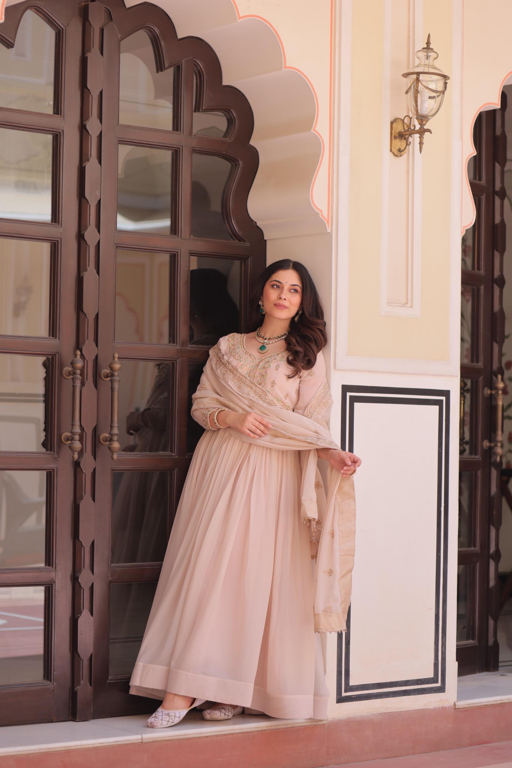 Cream Georgette Gown with Beads and Sequins Embroidery