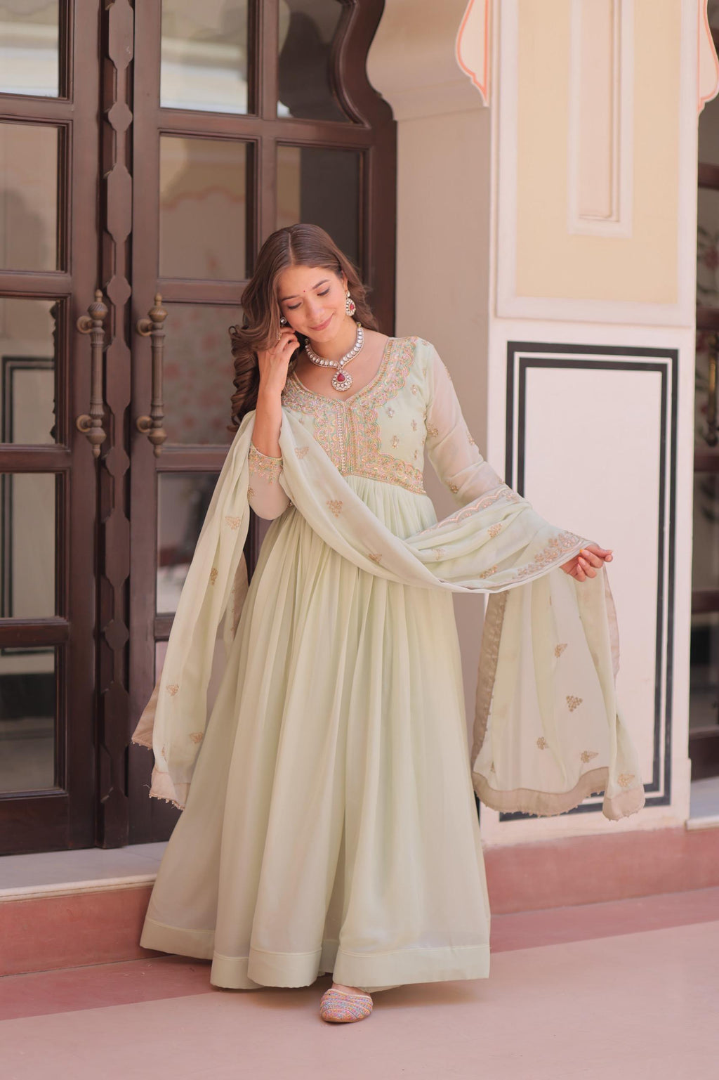 Pistachio Green Embroidered Georgette Gown with Dupatta