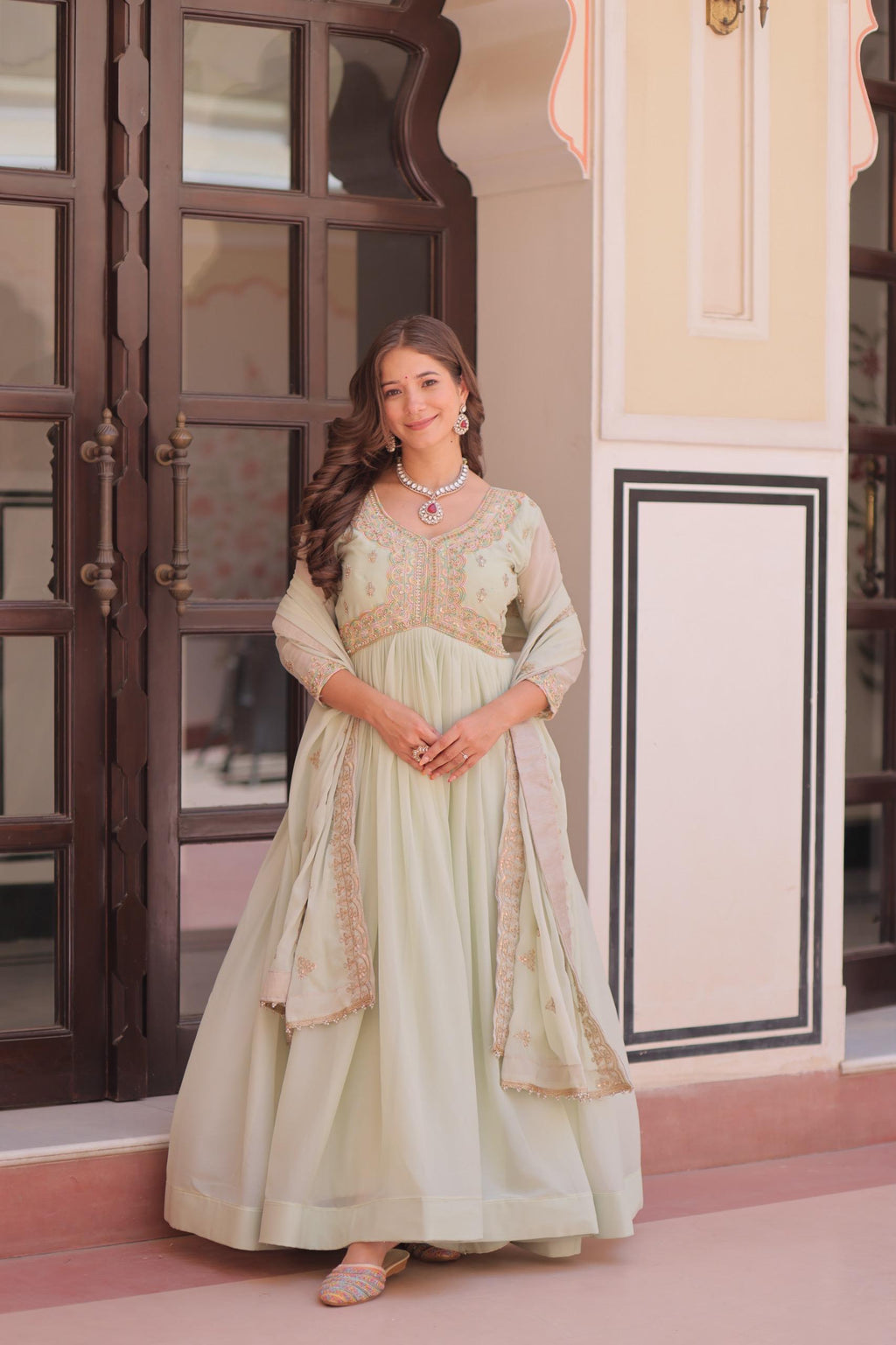 Pistachio Green Embroidered Georgette Gown with Dupatta
