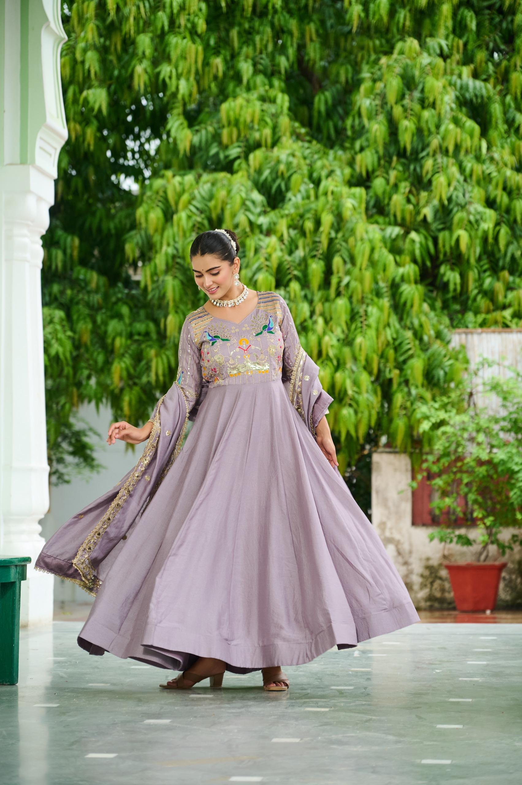 Prazu Fashion Onion Pink Vichitra Silk Rich Sequins, Multi Thread Gown With Dupatta