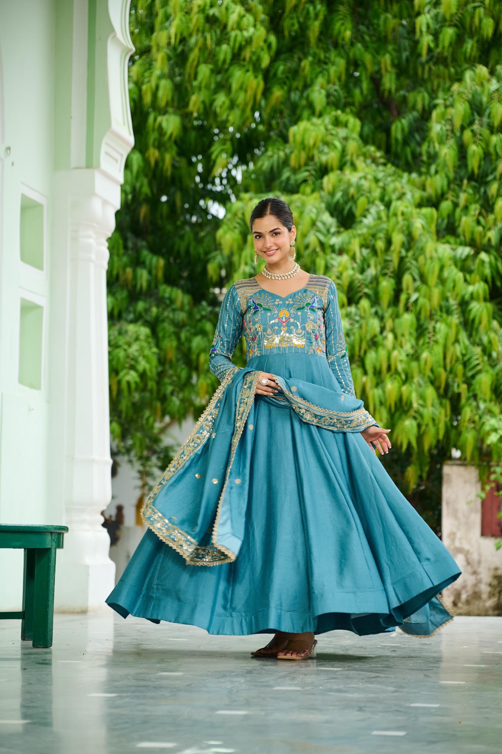 Prazu Fashion Sky Blue Vichitra Silk Rich Sequins, Multi Thread Gown With Dupatta