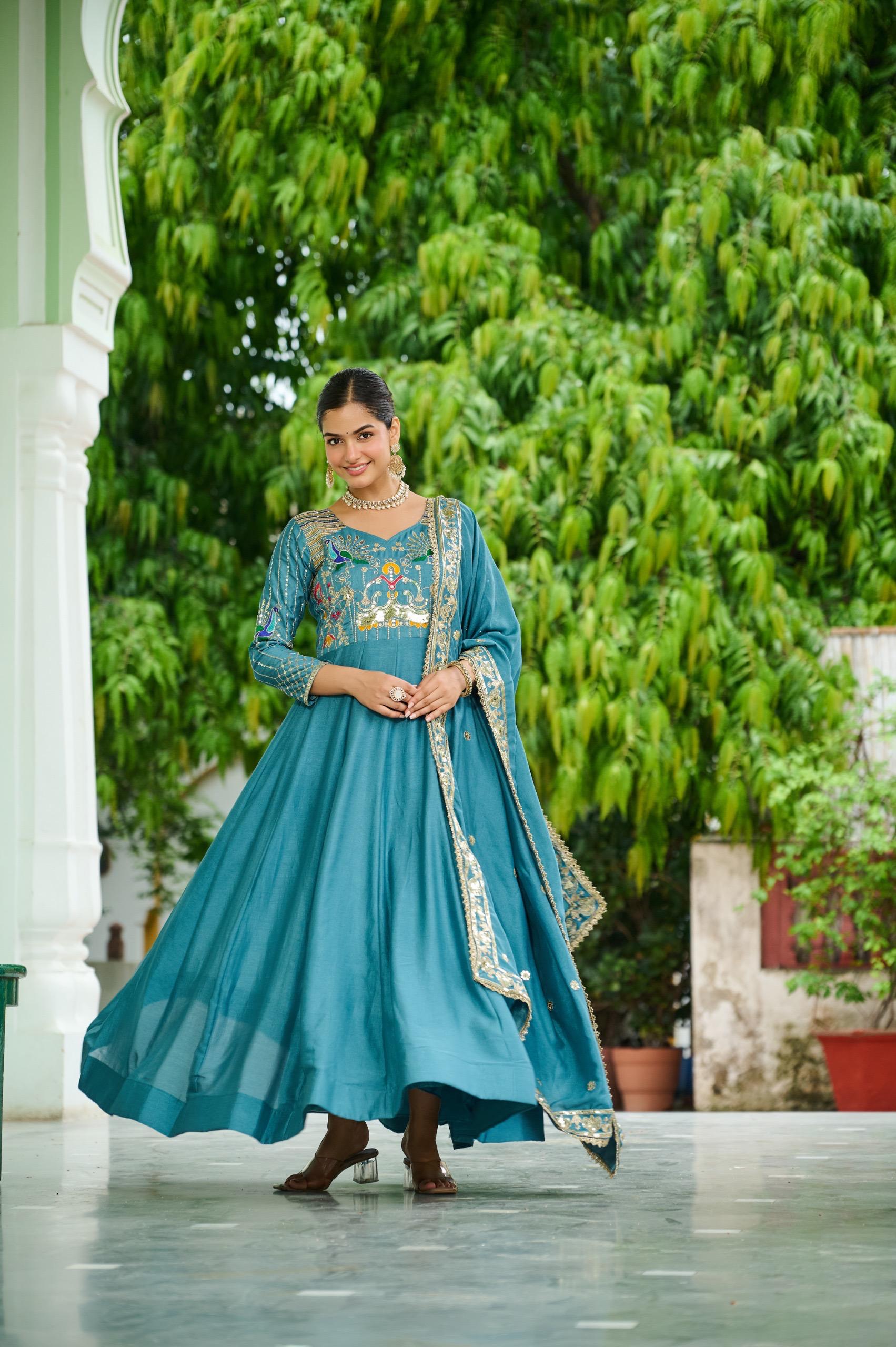 Prazu Fashion Sky Blue Vichitra Silk Rich Sequins, Multi Thread Gown With Dupatta