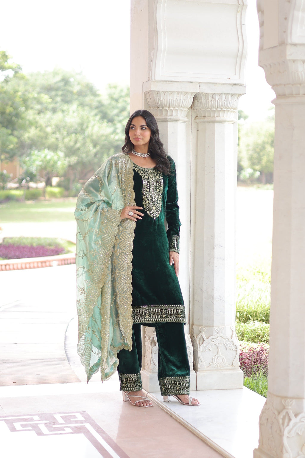 Green Velvet Salwar Suit with Rich Sequins and Zari Embroidery