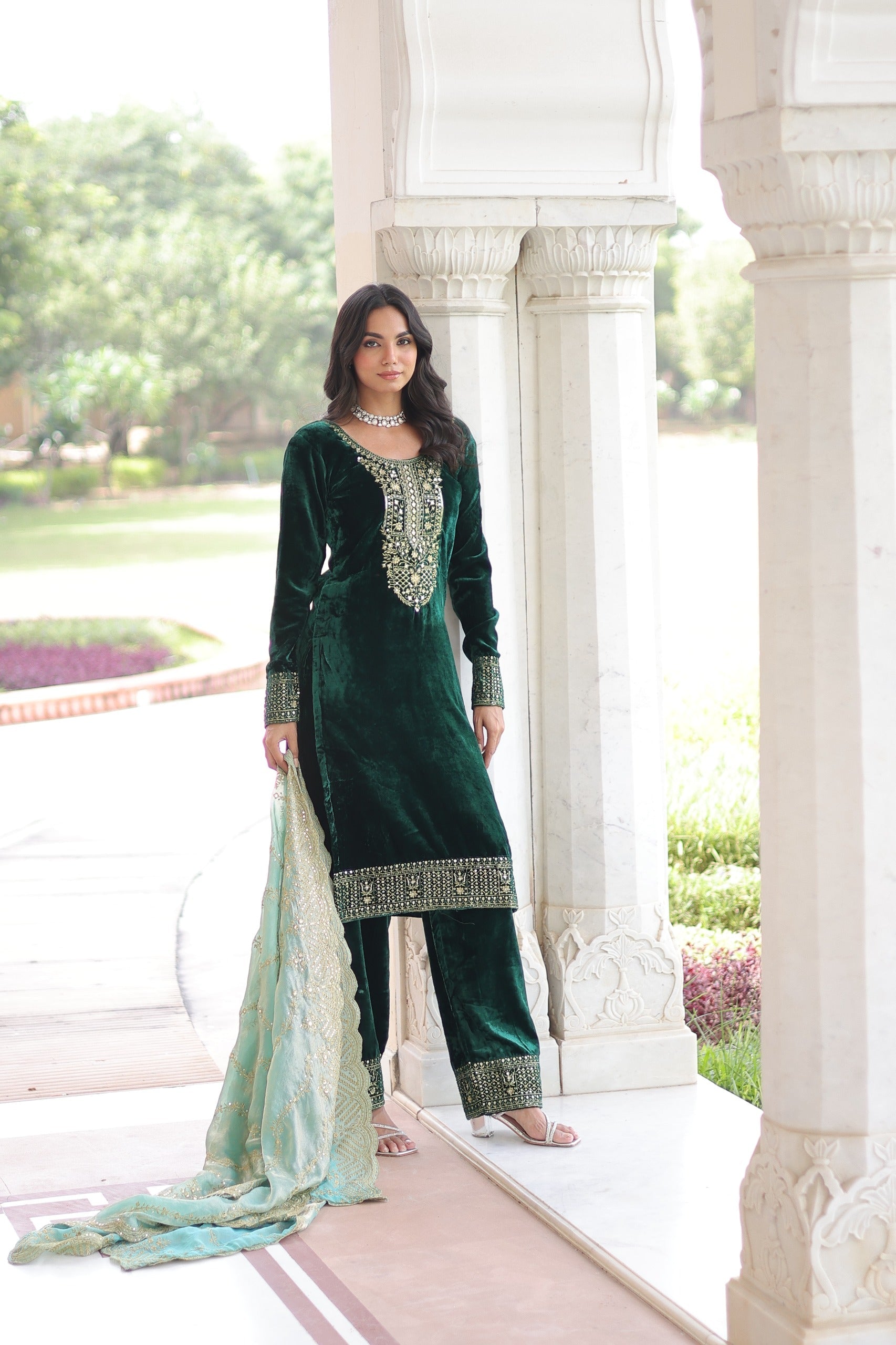 Green Velvet Salwar Suit with Rich Sequins and Zari Embroidery